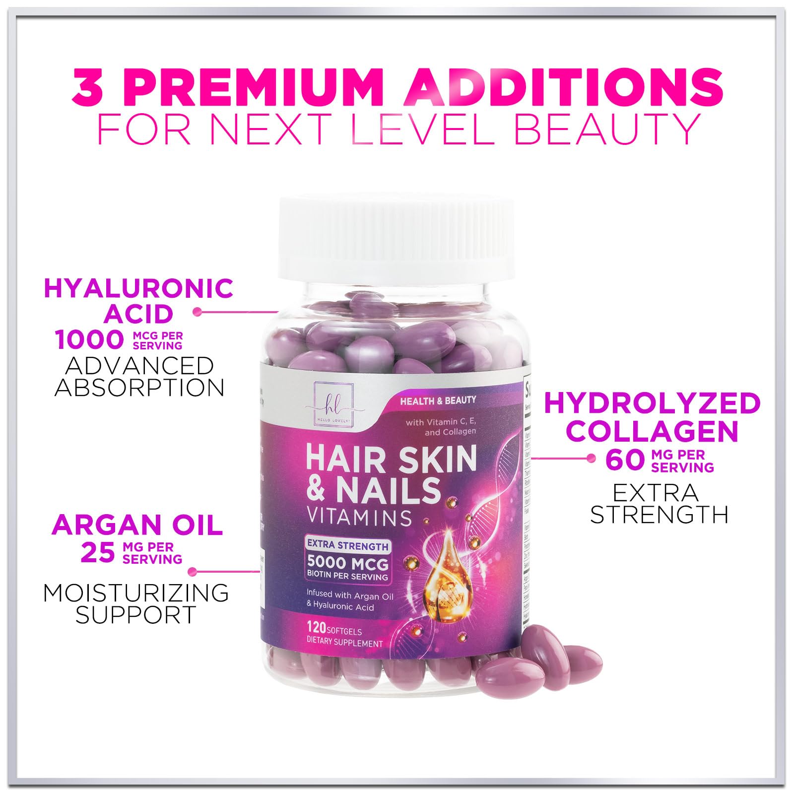 Hair Vitamins for Women for Hair Growth - Argan-Infused Supplement with Collagen, Biotin and Hyaluronic Acid - Supports Faster Hair Growth, Skin & Nails Beauty Vitamins, Bottled in USA - 120 Softgels — Amazon image 5