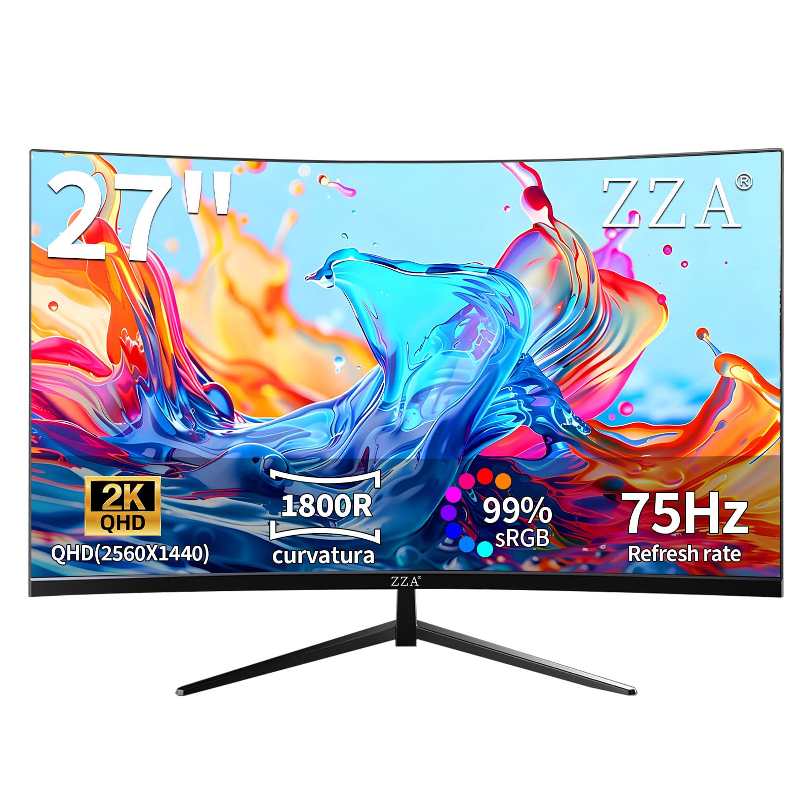 ZZA Monitor curvo da 27" con risoluzione 2K (2560 X 1440) e 75 Hz. Monitor Qhd da 27" con Hdmi, Dp E Montaggio A Parete. Monitor da ufficio per PC con protezione oculare 1440P senza cornice per lavoro
