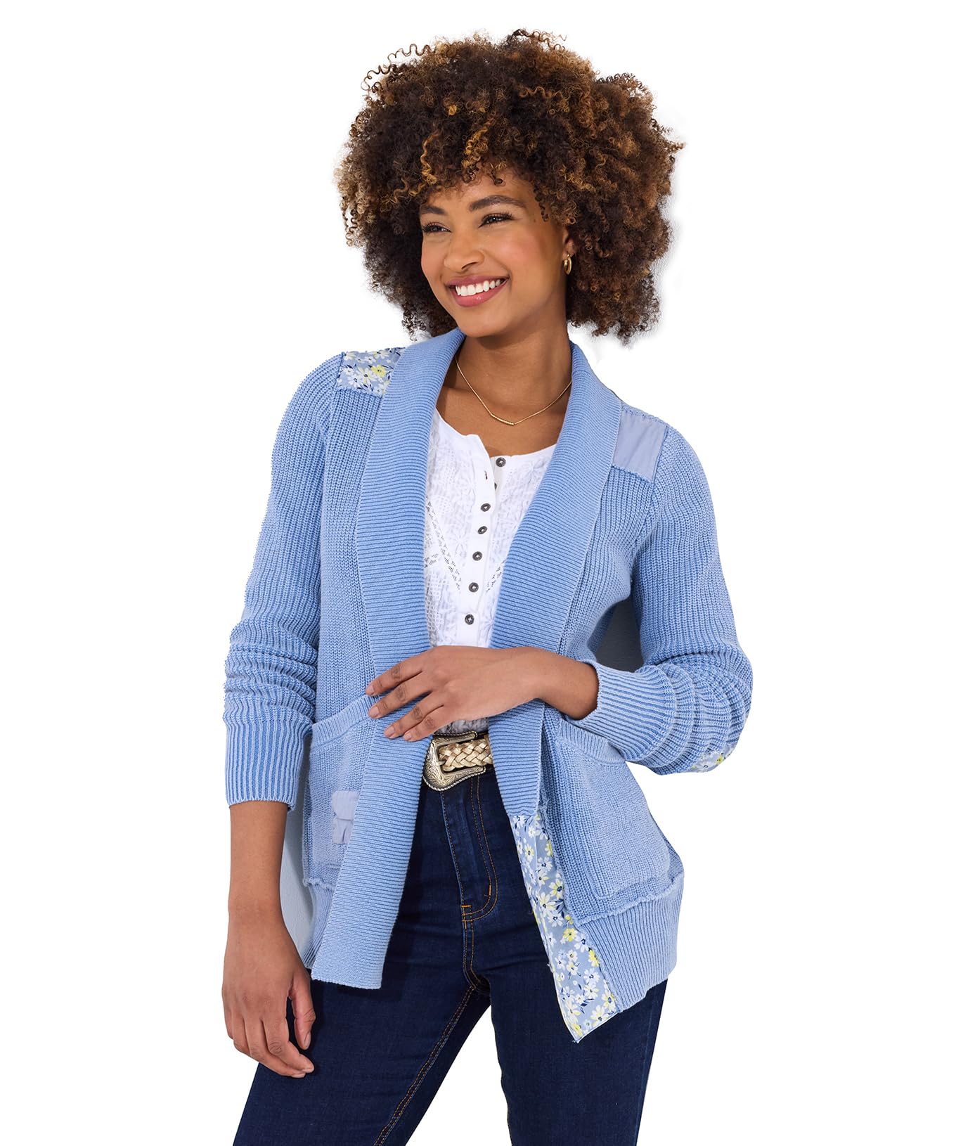 Joe Browns Women's Blue Floral Patchwork Ribbed Cardigan Sweater In | Size: Small
