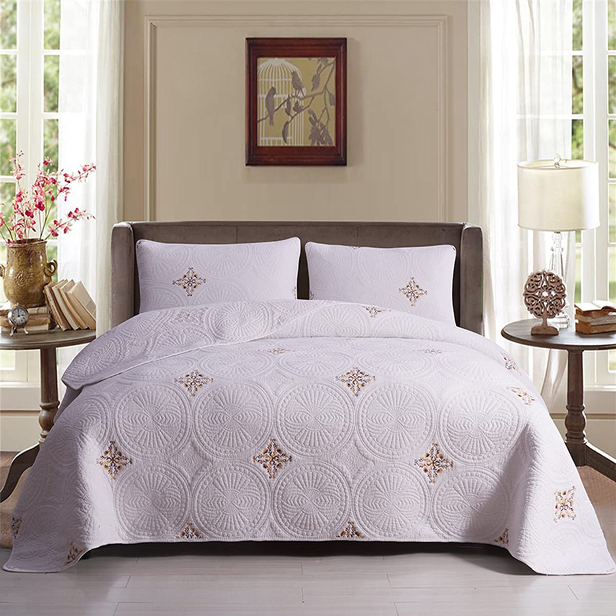Sjdopulse Golden Patchwork Quilted Bedspread, Reversible Cotton, Embroidery Flowers, Coverlets Set 3 Pieces Double King Quilt With 2 Pillow Shams,98X106inch
