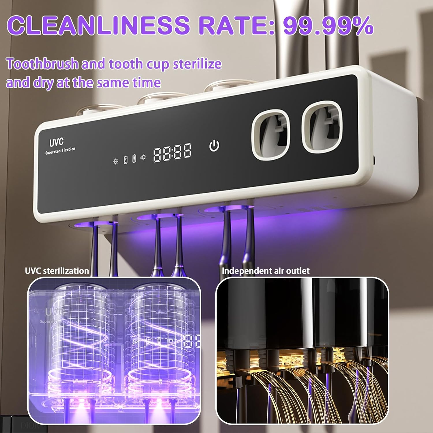 Toothbrush Holders for Bathrooms,Electric Toothbrush Holder Wall Mounted - 6 Brush/3 Cup,Automatic Toothpaste Dispenser & Hot Dry,Smart Cleaning,Bathroom Storage Upgrade (White)