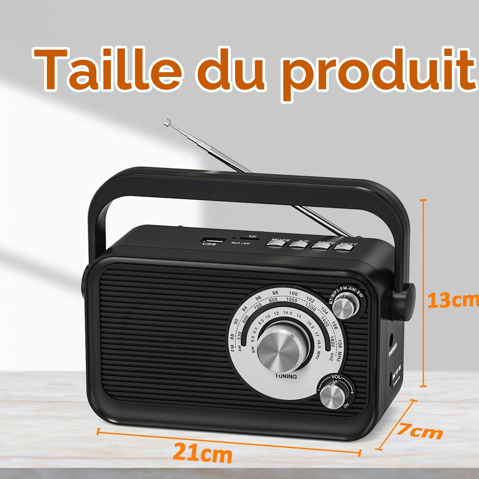 Radio Portable, Radio Portables FM/AM/SW, Alimentation Électrique et Piles, Radio à Piles avec Fonction Bluetooth et MP3, Radio Pourbureau/Cuisine/Camping/Urgences