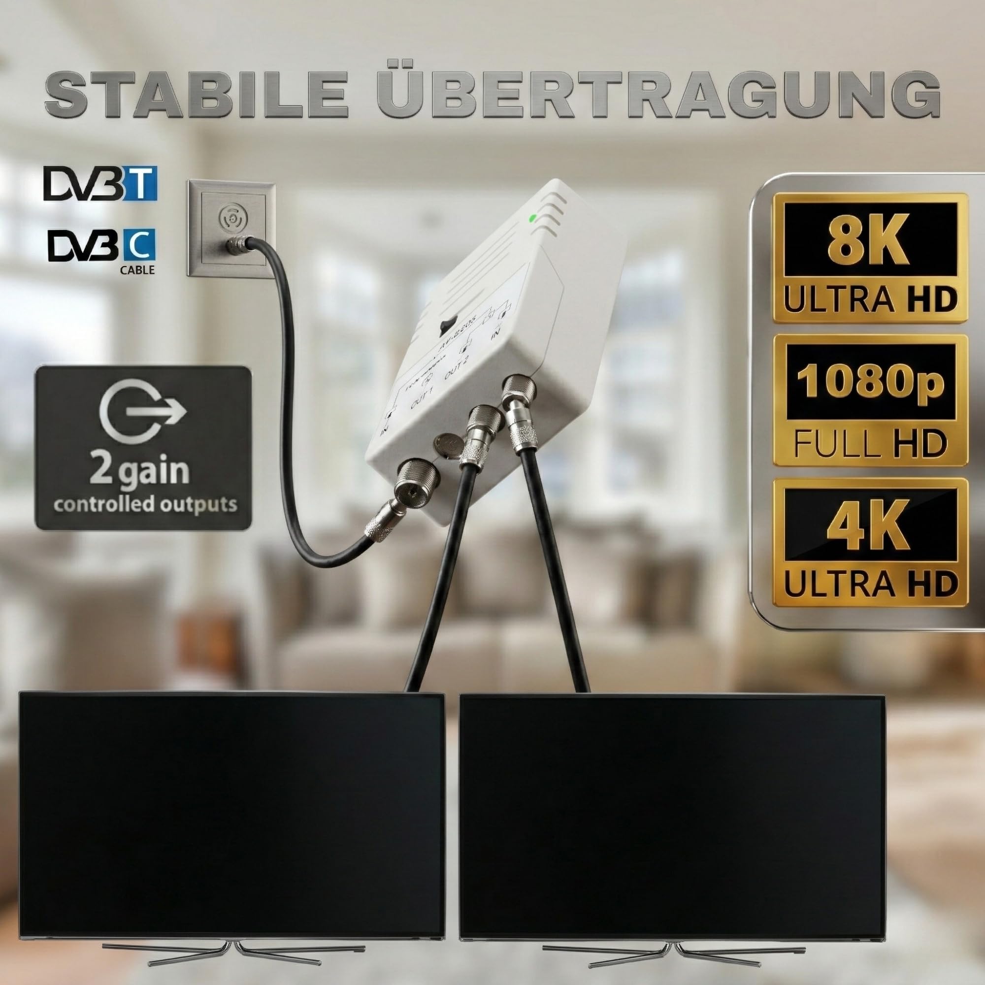 TronicXL Amplificateur de télévision par câble pour HD 3D 4K 8K adapté à PYUR Vodafone (25dB - 2 appareils)