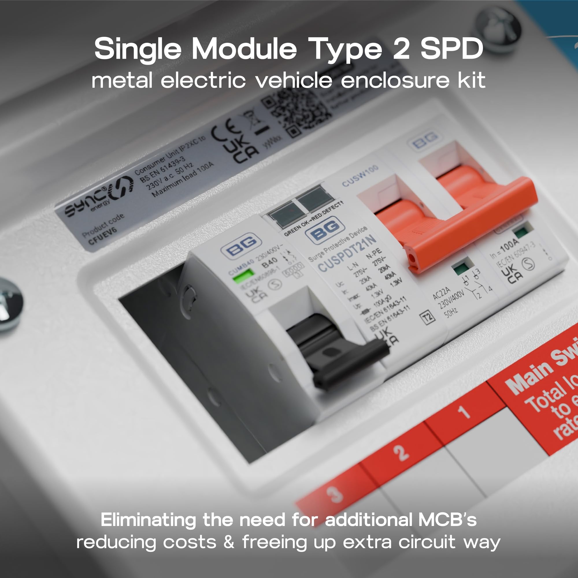 Alimentatore EV con MCB 40A, interruttore principale 100A e SPD tipo 2, kit di recinzione per veicoli elettrici, popolato, 5 moduli, interno, BG Sync EV, bianco IP20, CFUEV6
