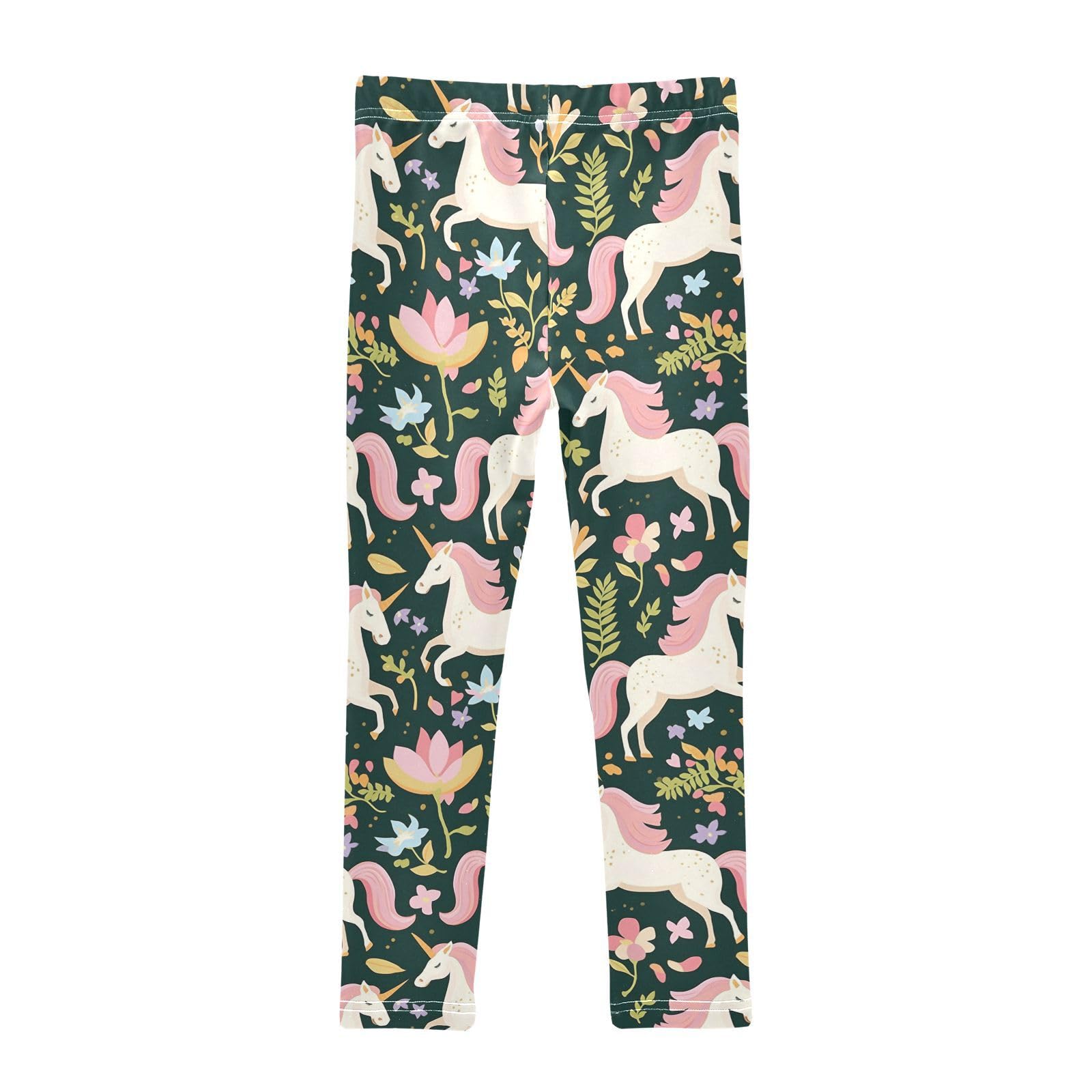 White Unicorns Girls' Leggings Toddler Doodles Green Leaves Flowers Kids Yoga Pants Dance Active Tights 7-8T