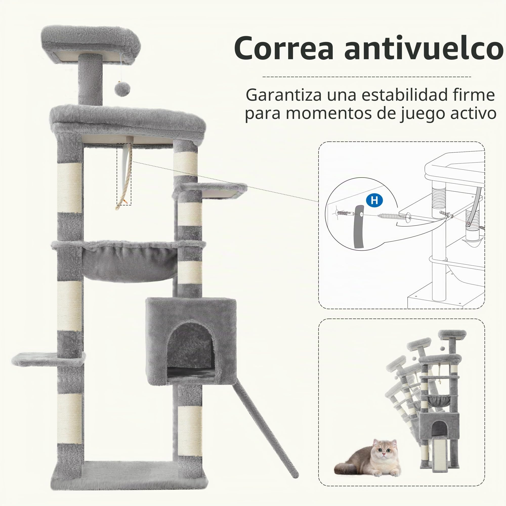 Heybly Árbol para Gatos, 163 cm Torre para Gatos Estable con Base Ancha, Plataforma Grande Espaciosa, Cama Colgante Extragrande, Postes Y Rascador De Sisal, Cesta para Gatos, Gris Claro HCT027W