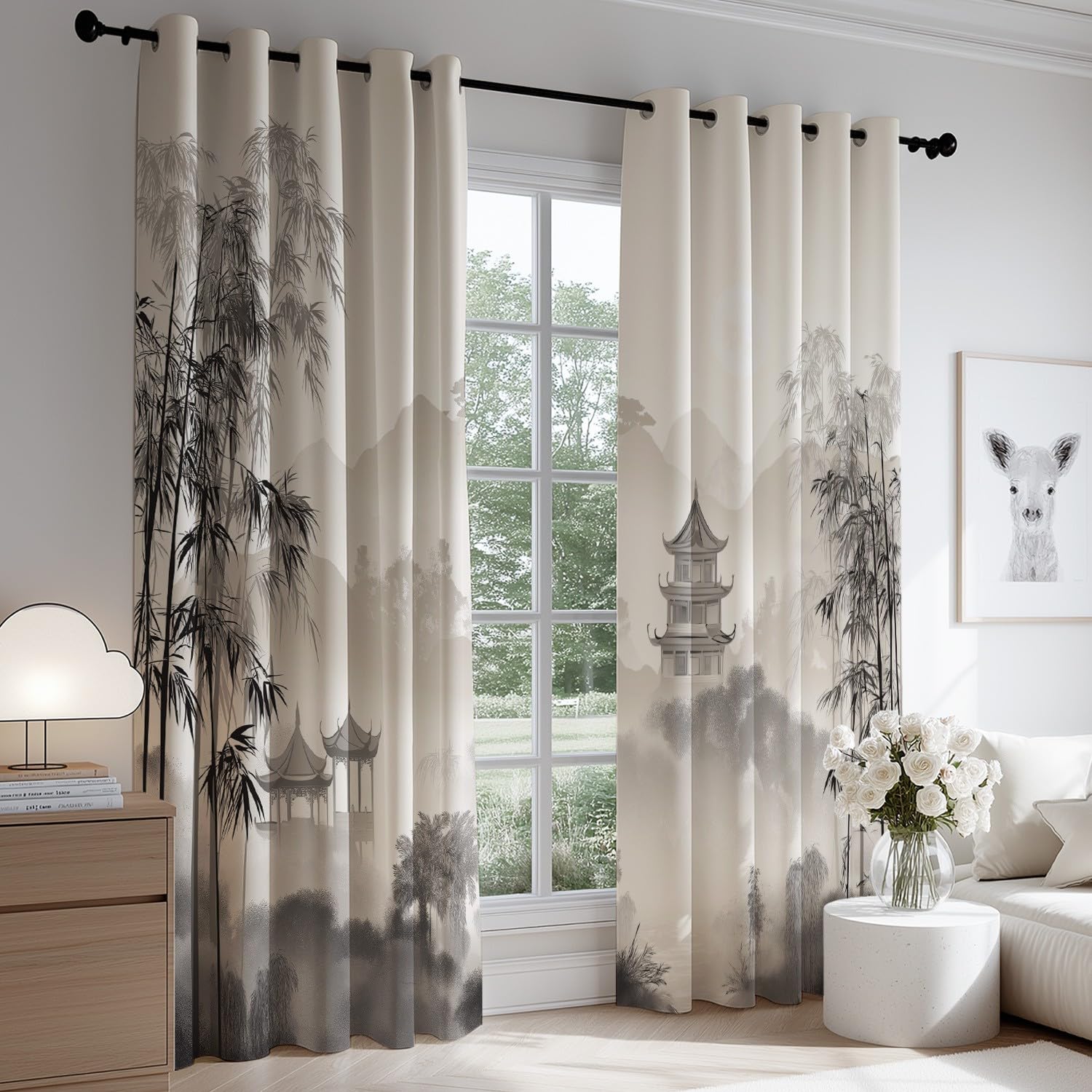 Generisch Vorhänge Blickdicht 2er Set 245 x 175 cm - Knitterfrei Gardinen vorhänge Tuschemalerei Landschaft Berg Schwarz Extra Breit mit Geräuschminderung mit Ösen für Schlafzimmer und Wohnzimmer