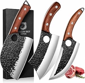 DRAGON RIOT Professional Butcher Knife Set for Meat Processing, 3Pcs High Carbon Steel Hand Forged Serbian Cleaver Chef Knife Set with Ergonomic Handles for Kitchen Outdoor Cooking