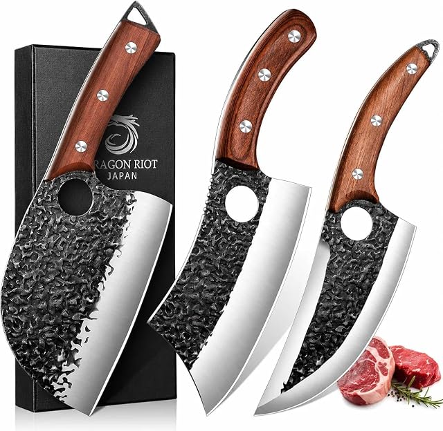 DRAGON RIOT Professional Butcher Knife Set for Meat Processing, 3Pcs High Carbon Steel Hand Forged Serbian Cleaver Chef Knife Set with Ergonomic Handles for Kitchen Outdoor Cooking