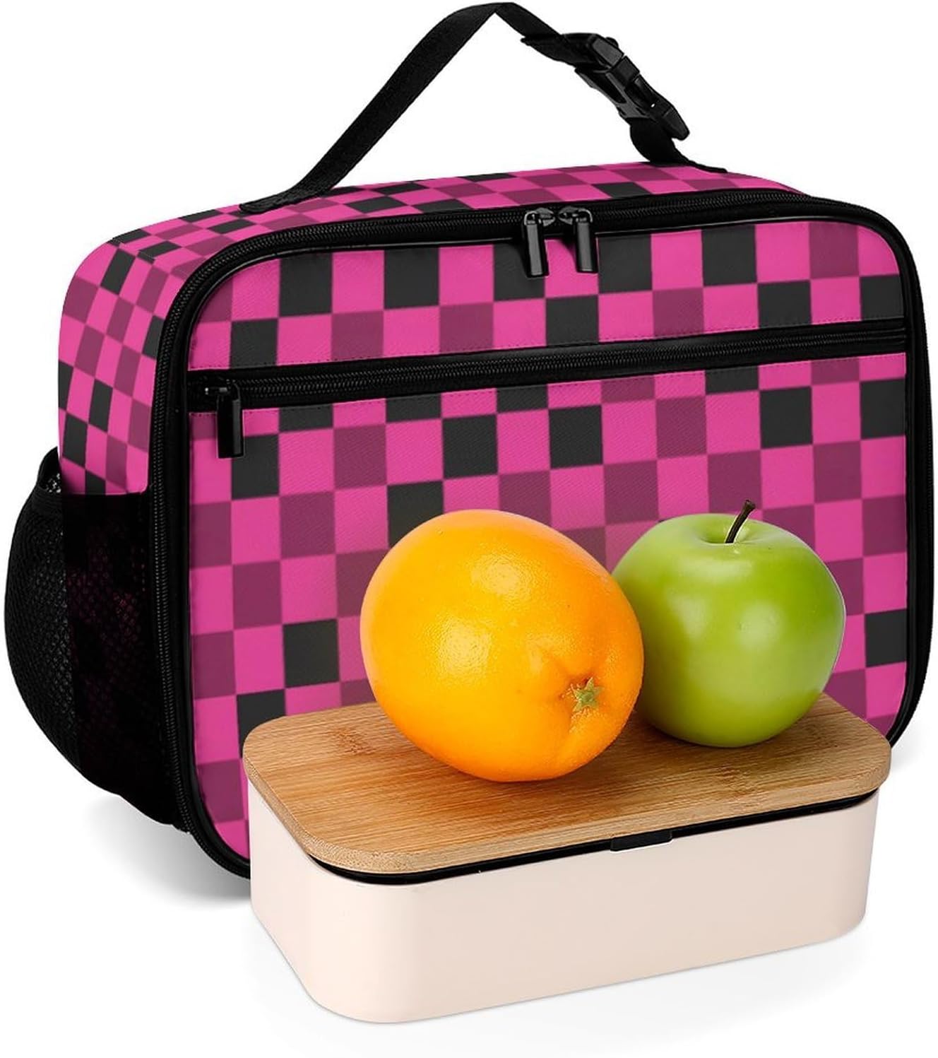 Pink Checkered Reusable Lunch Box Insulated Lunch Bag Cooler Bag Lunchbox Meal Food Container Tote Bag for Women Kids Girls School Camping Hiking Picnic Beach Travel