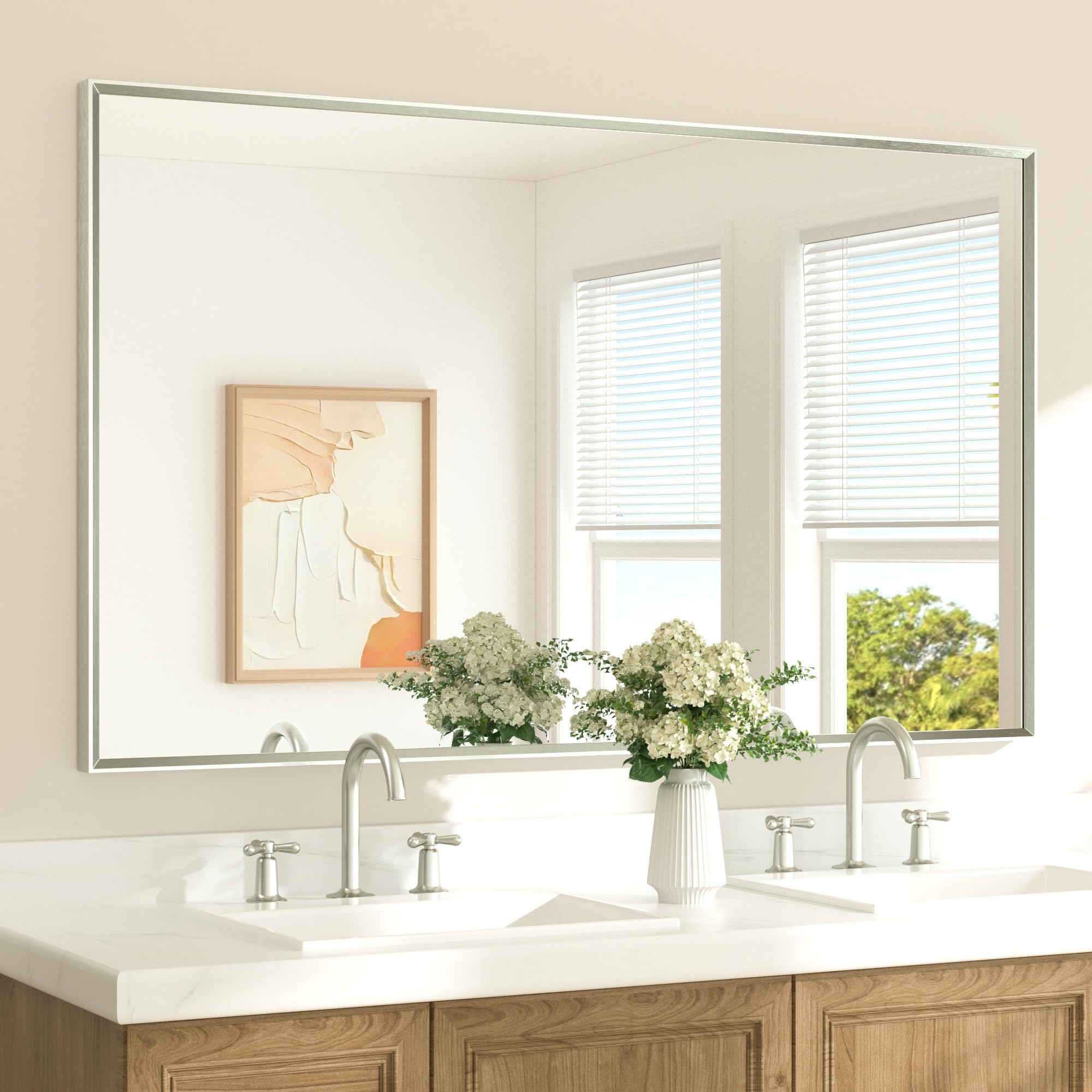 Brushed Nickel Vanity Mirror for Bathroom 60" x 36" Beveled Frame Rectangle Bathroom Mirror for Over Sink Brushed Nickel, Tempered Glass, Stronger Frame, Modern Farmhouse Bedroom, Entryway