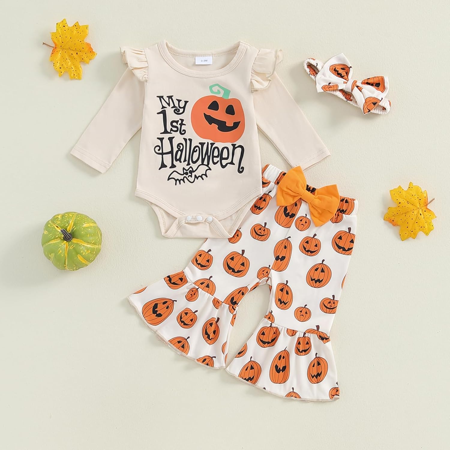 Murnouche My First Halloween Baby Girl Outfit Ruffle Romper Bell Bottoms with Headband Newborn Fall Clothes - Image 2
