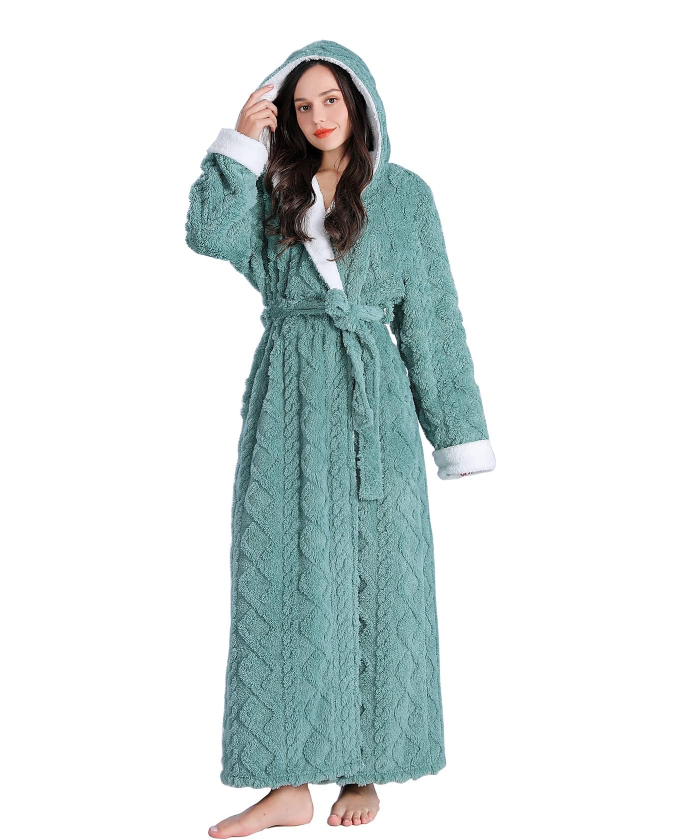 Skilydia Hooded Robes for Women Long,Sherpa Trim Fleece Bathrobes With Hood Long Plush Soft Warm Winter Robes for Women