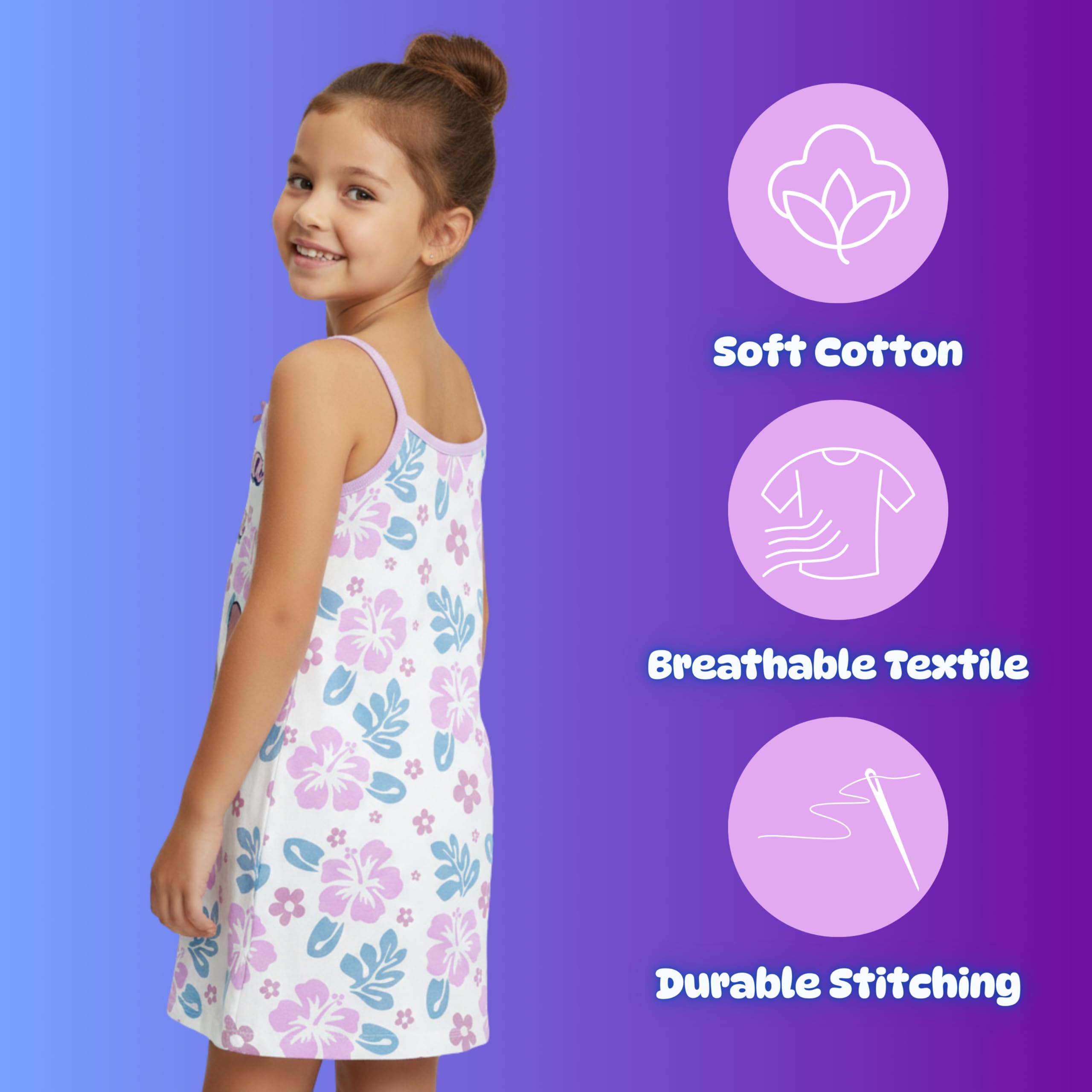 Disney Stitch Chemise de Nuit pour Fille, Modèle été à Bretelles Courte Chemise de Nuit en Coton Doux, Tailles 3 à 8 Ans