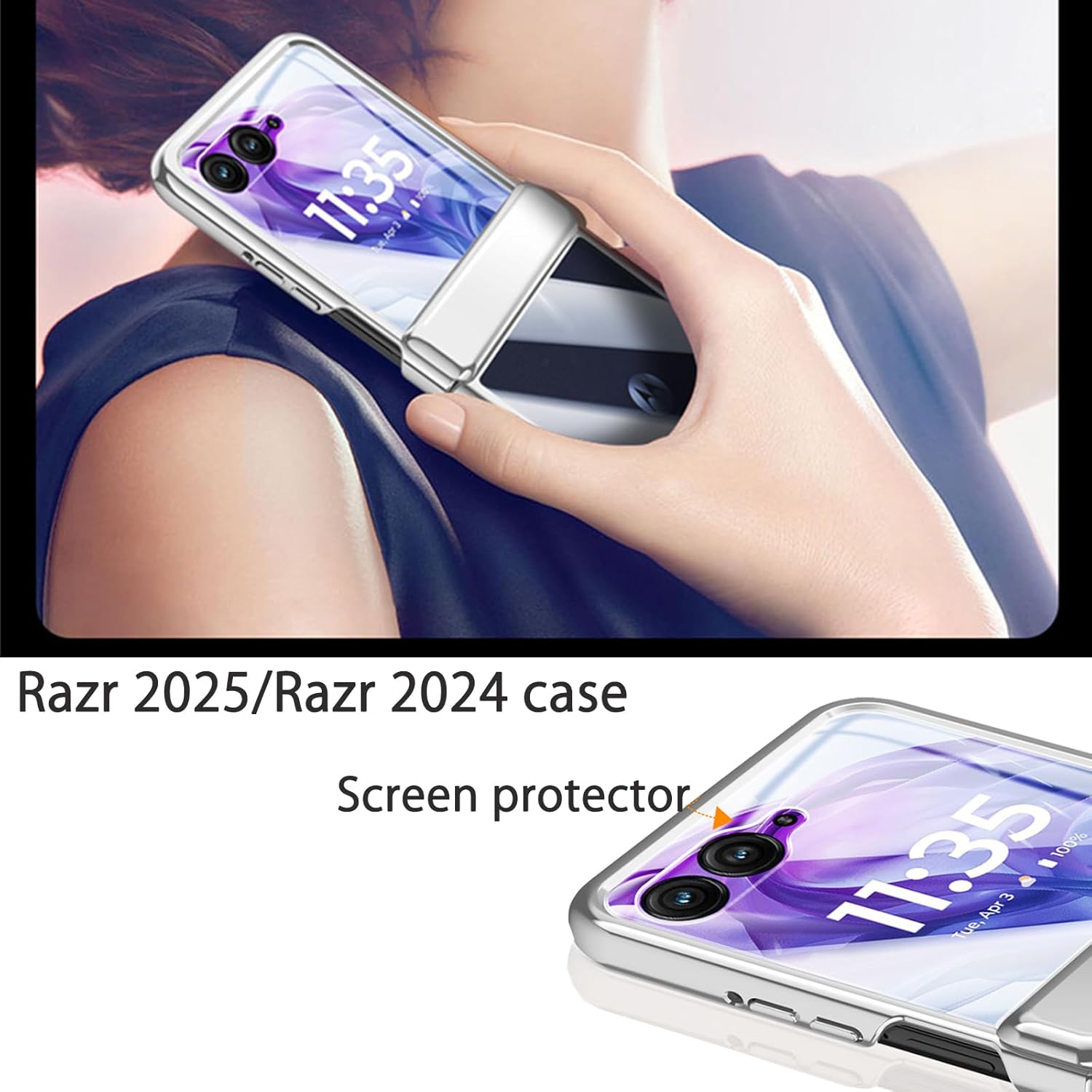 for Motorola Razr 2025 / Razr 2024 Case Clear with Hinges Protection & Plated Frame & Built-in Front Screen Protector (Silver, Razr 2025/2024)