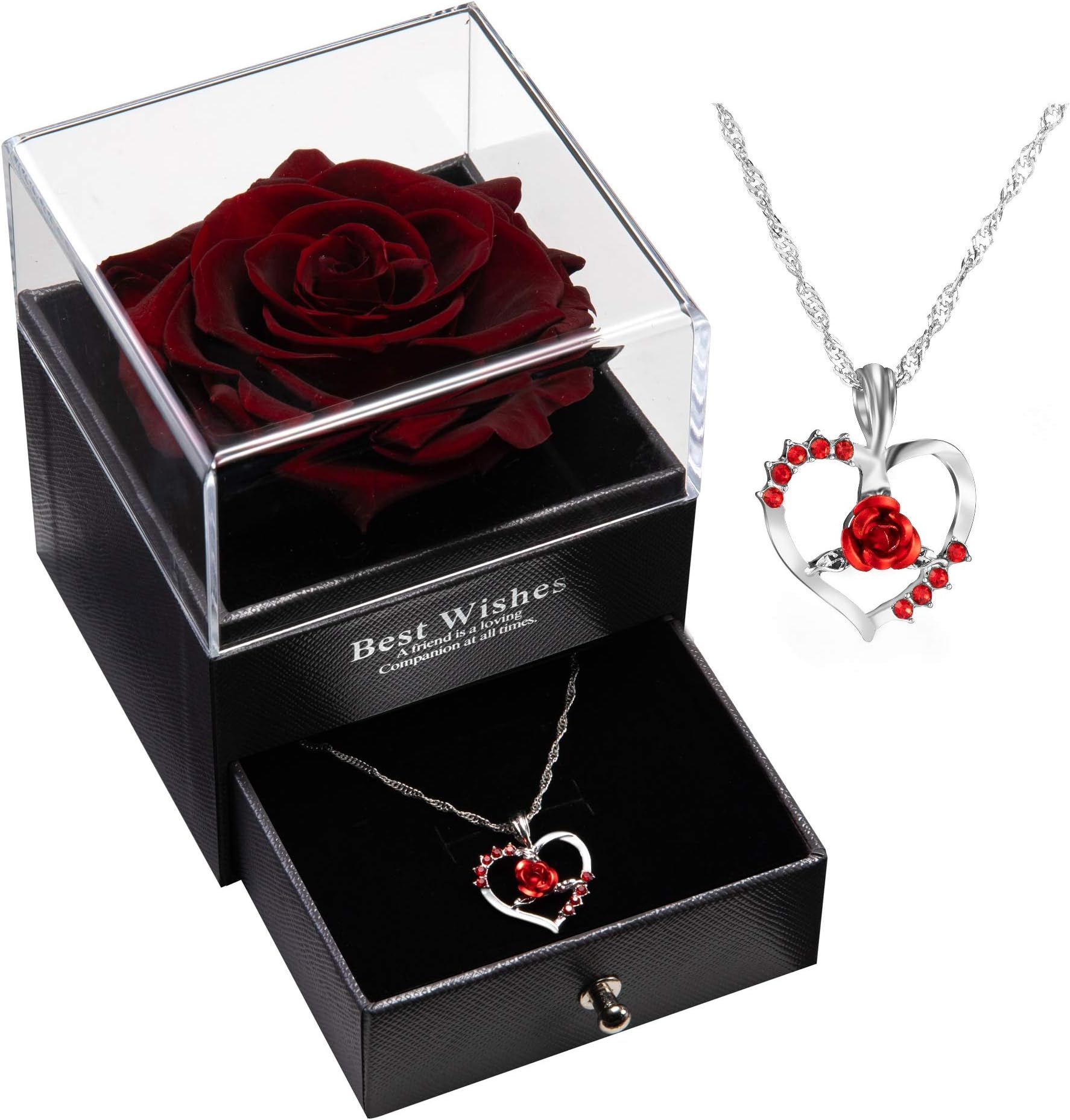 Preserved Real Rose with Silver-Tone Rose Necklace Gift Set, Enchanted Real Rose Flower for Valentine's Day Anniversary Wedding Romantic Gifts for her (Wine Red Rose)