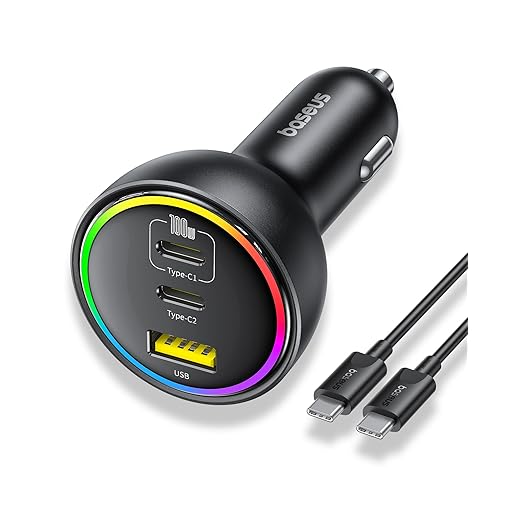 Baseus RGB Caricabatterie Auto, 152.5W USB C Caricatore Auto con Cavo USB C da 100W, Carica Batterie per Auto Rapido Compatibile con Air Mini, iPhone Serie 16/15/14/13, iPad Pro, AirPods