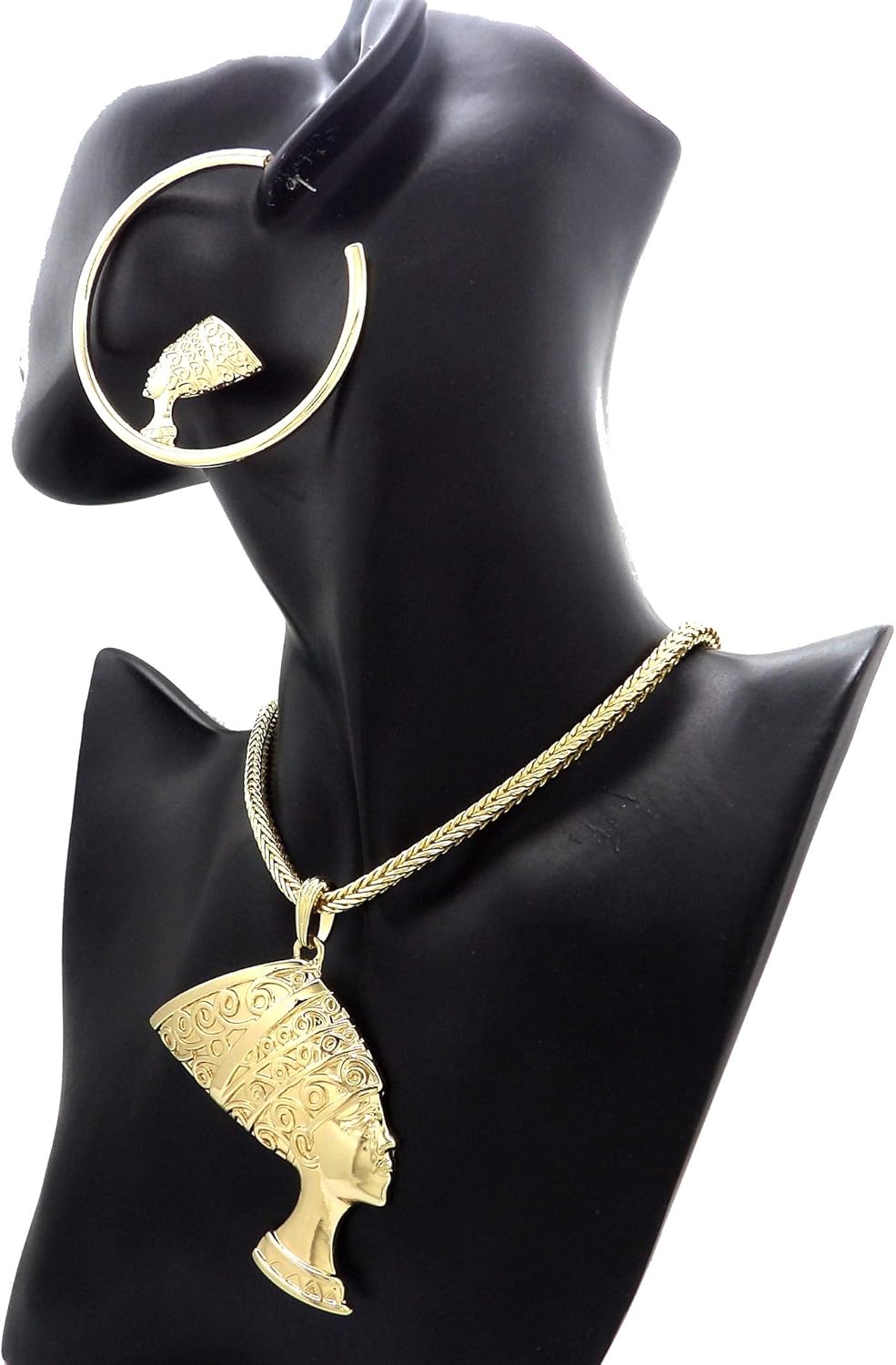 CBC Crown Women's Gold Silver Egyptian Queen Nefertiti Necklace & Hoop Earring Set