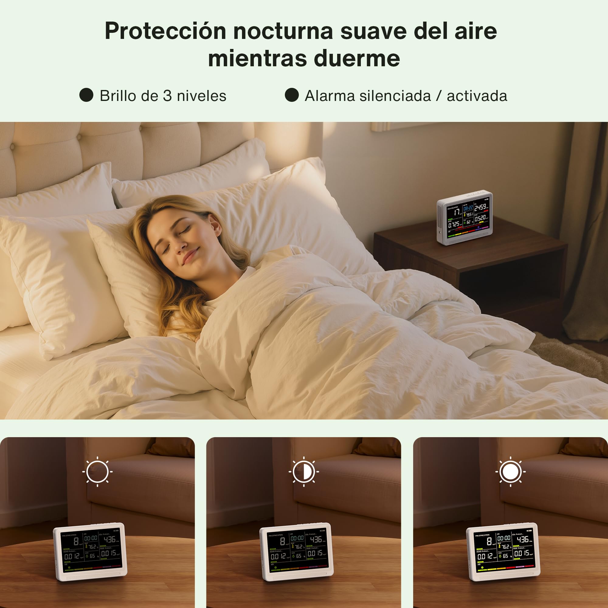 bonoch Medidor Calidad Aire Interior 16 en 1,5.5" Pantalla Medidor CO2 10h | Medidor Calidad Aire profesional 9 AQI + 7 alertas, CO2, TVOC, PM2.5, PM1.0, PM10, HCHO, Temp, Humedad, AQI, Hora
