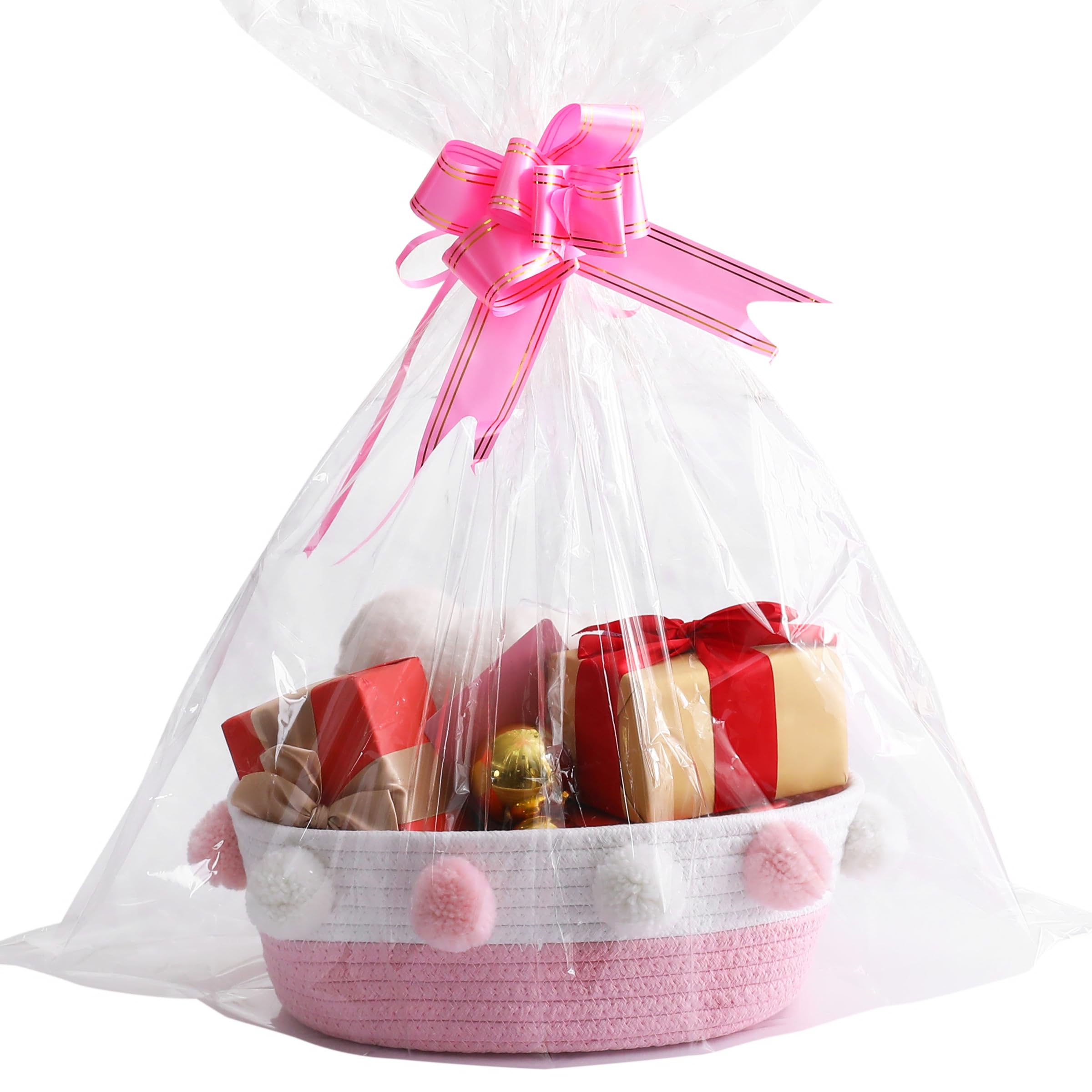 RengaoRise Empty Gift Basket to Fill with Bag, Pull Bow, Greeting Card and Ribbon for Baby Girl Women, DIY Pink Gift Basket for Baby Shower, Birthday,