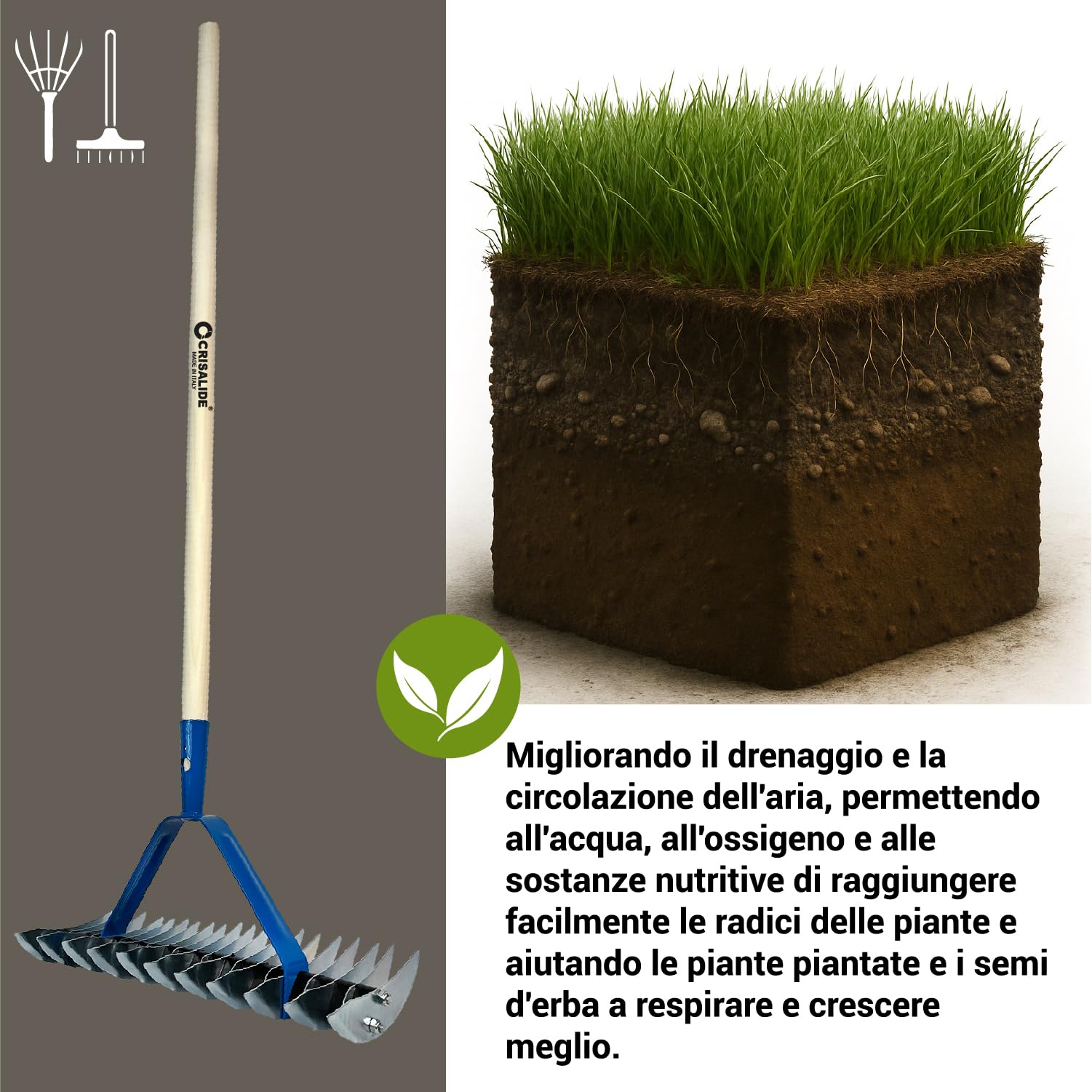 Crisalide® - Rastrello Sarchiatore Arieggiatore, Rastrello da Prato, 32 Denti In Acciaio Zincato, 35cm, Con e Senza Manico (Con Manico)