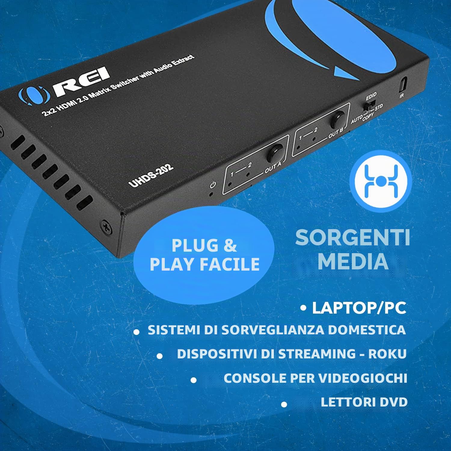 OREI Switch a matrice HDMI 4K 2 x 2, Switcher 18G UltraHD supporta fino a 4K @ 60Hz e 1080P IR EDID HDCP 2.- Telecomando (UHDS-202)