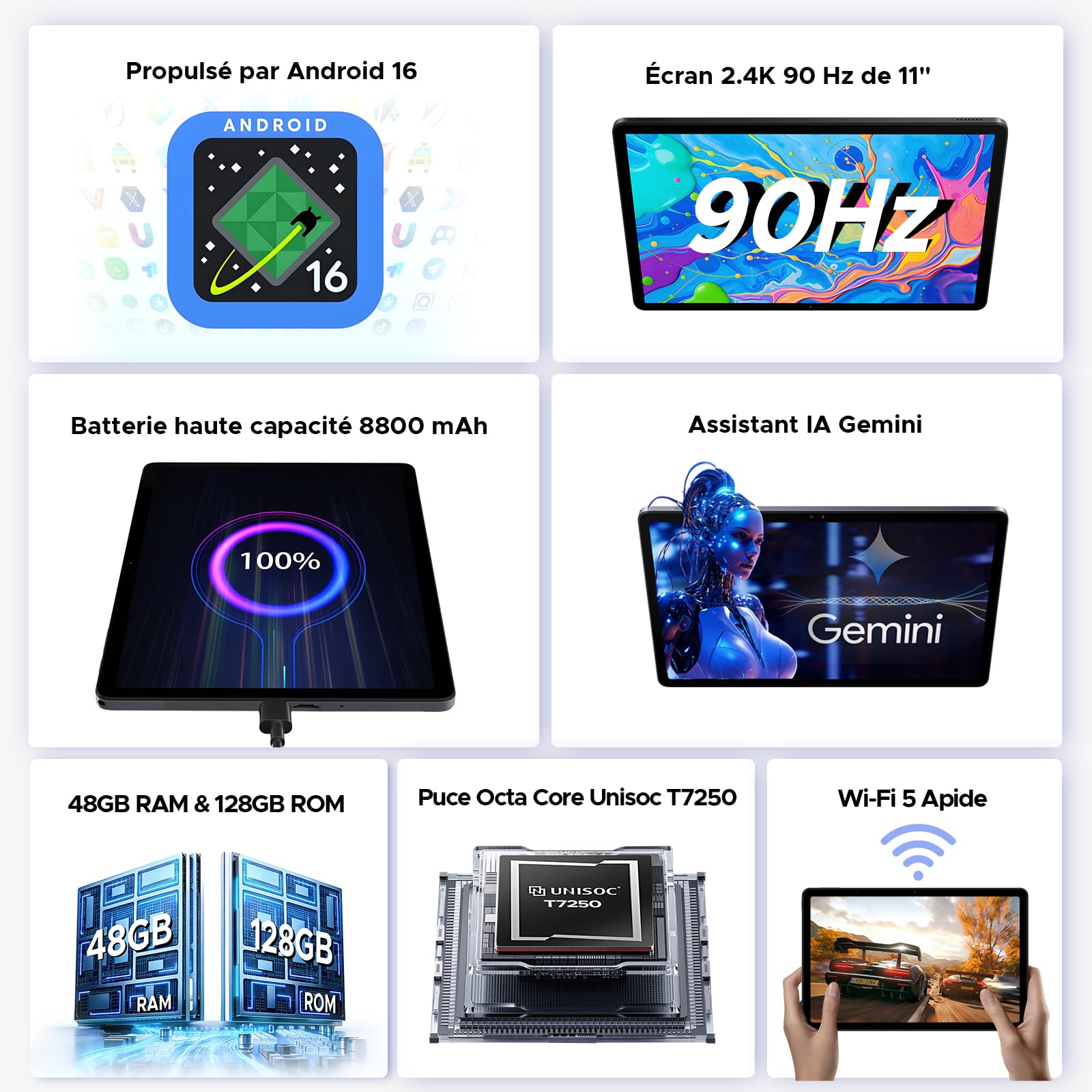 P11 Pro Tablette Tactile, Tablette 11 Pouces, 48Go RAM+128Go ROM, Tablette Android 16 avec Gemini AI, 2.4K 90Hz, T7250, 8800mAh, 13MP+5MP, 5G WiFi, Tablette avec Stylet, Clavier, Souris-Violet