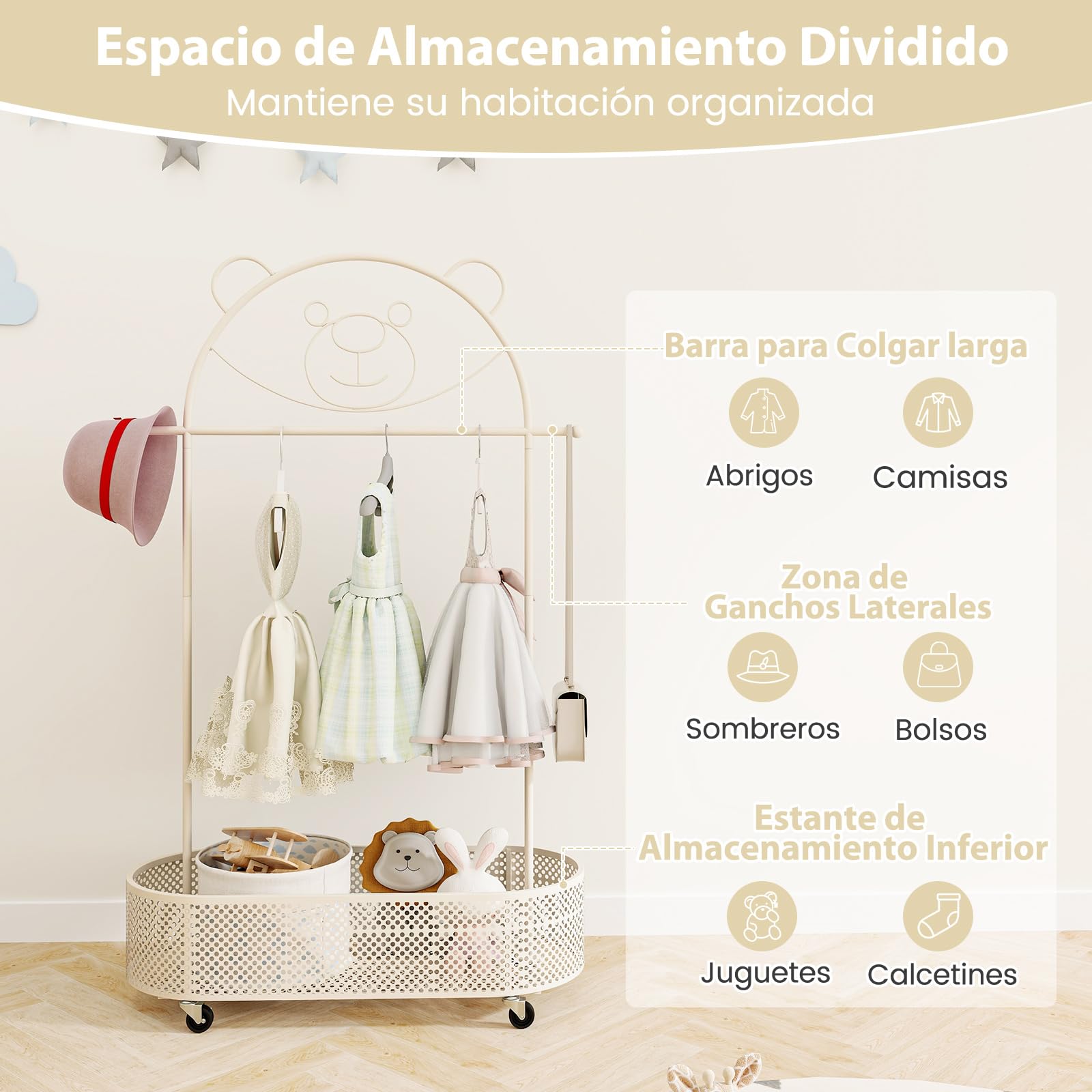GOPLUS Perchero de Ropa para Niños con Ruedas, Perchero Infantil Rodante con Cesta de Almacenaje Inferior, 3 Alturas Ajustables, Perchero de Ropa Colgante de Metal con Diseño de Oso (Blanco)