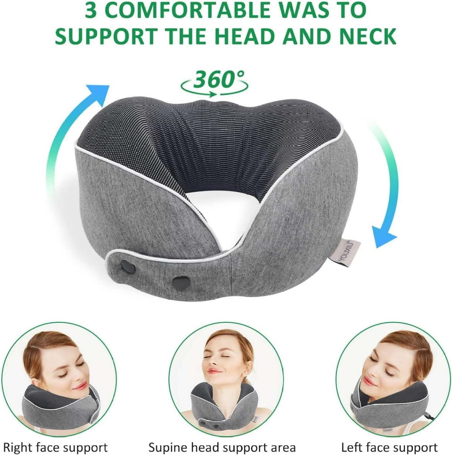Memory Foam Travel Pillow with Mask & Earplugs - 360° Ergonomic Neck Support - Portable Travel Accessories for Airplane, Car, Train - Washable Cover - Gray