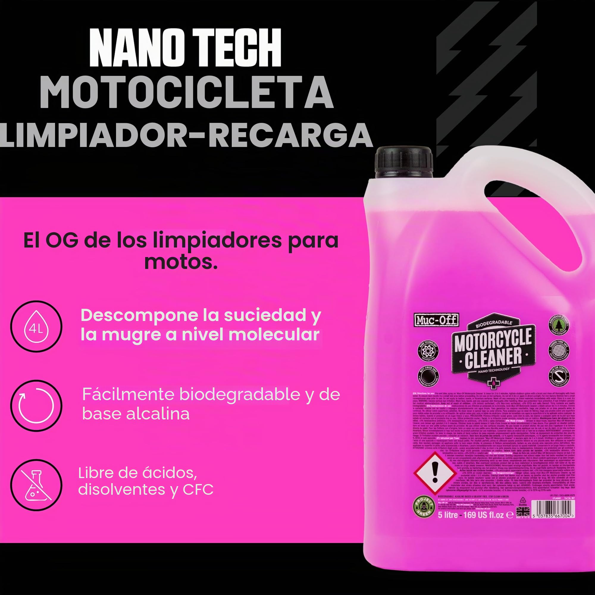 Muc-Off Limpiador de Moto Nano-Tech, 5 Litros - Líquido de Limpieza de Moto Biodegradable de Acción Rápida - Apto para Todas las Superficies y Tipos de Motocicletas
