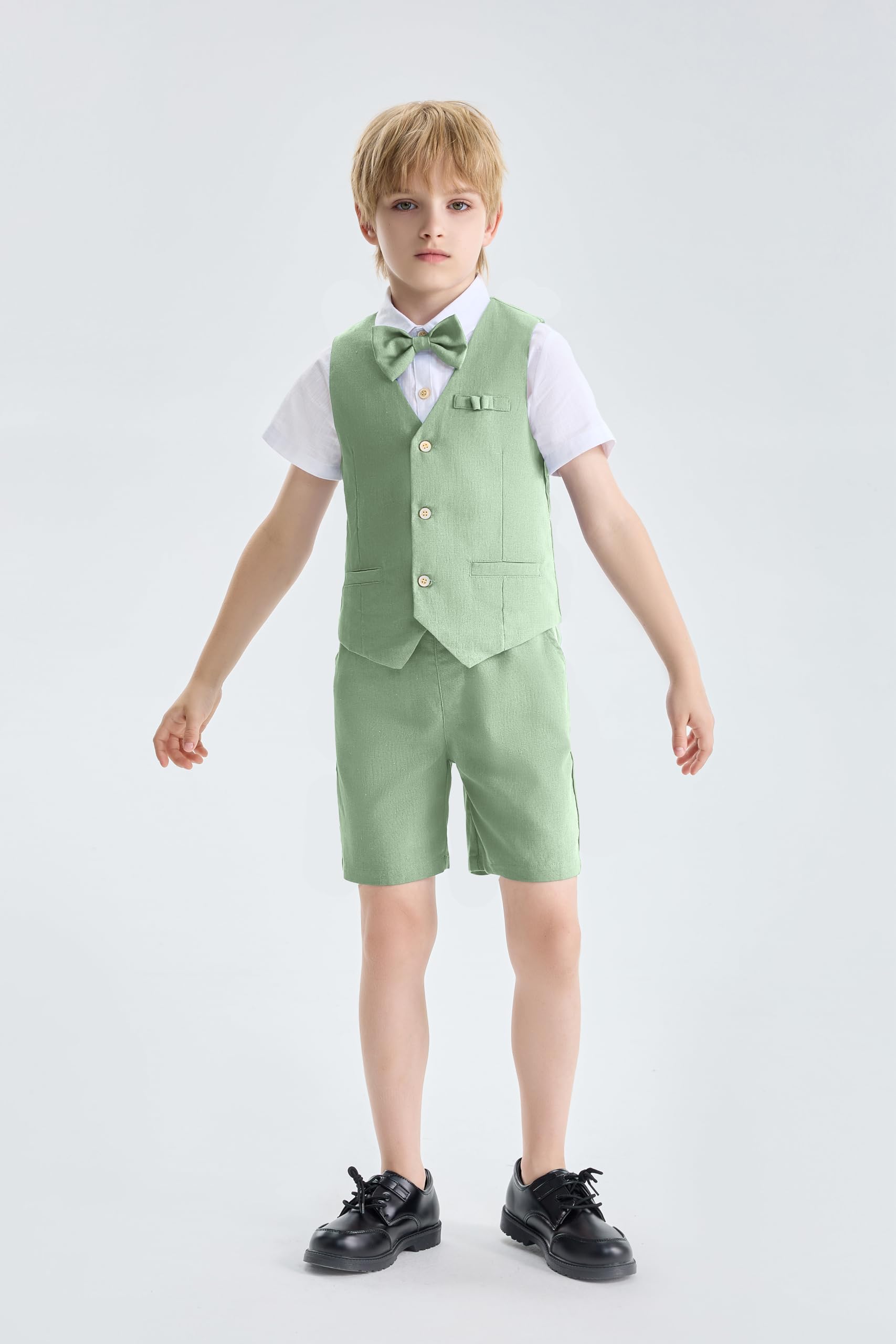 LOLANTA 4 pièces Costume Garcon Mariage Ete, Tenue Enfant Garcon Ceremonie, Vêtement Baptême Anniversaire Garçon Page, Ensemble Costume Short Lin Gile Chemise avec nœud Papillon