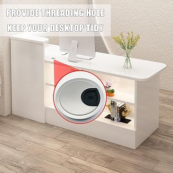 with LED Lights Reception Counter Desk,Modern Reception Desk with Counter,Retail Counter with Display Shelf & Lockable Drawers,Front Desk Reception Room Table,for Salon Lobby Checkout Office