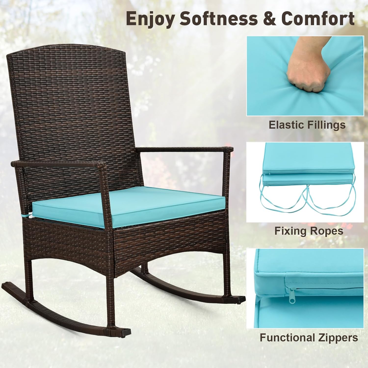 ORALNER 3 Pieces Patio Rocking Bistro Set, Outdoor Wicker Rocking Chairs with Cushions, Glass Coffee Table, Rattan Conversation Furniture Set for Balcony Front Porch Garden Deck Poolside (Turquoise)