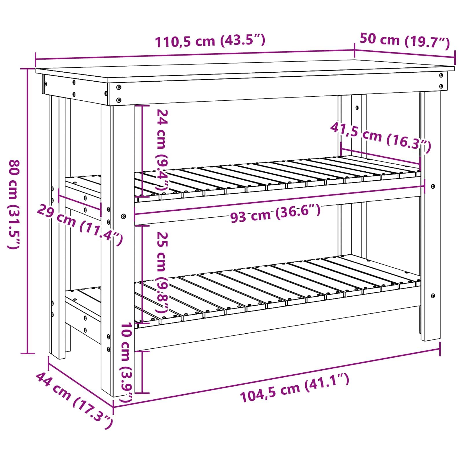 Banco da lavoro marrone cerato, 110,5 x 50 x 80 cm, in legno massello di pino con 2 ripiani, banco da officina per attrezzi da lavoro per garage e cantina
