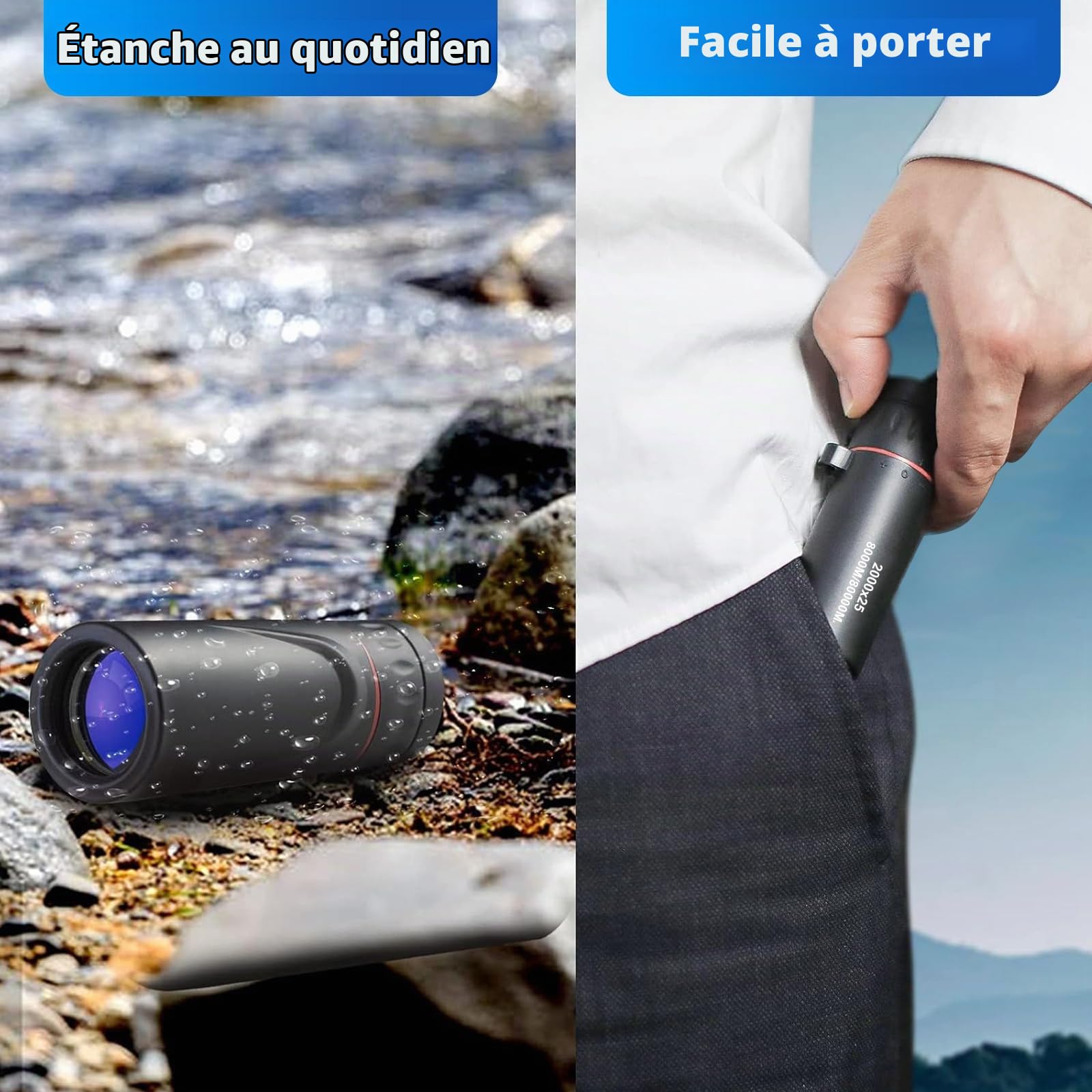 Jumelles compactes monoculaires 10 à 20 x, 9 x 3 cm, avec prisme BAK4 et FMC, support pour smartphone et trépied, télescope étanche pour adultes, idéal pour la randonnée, l'alpinisme, les concerts