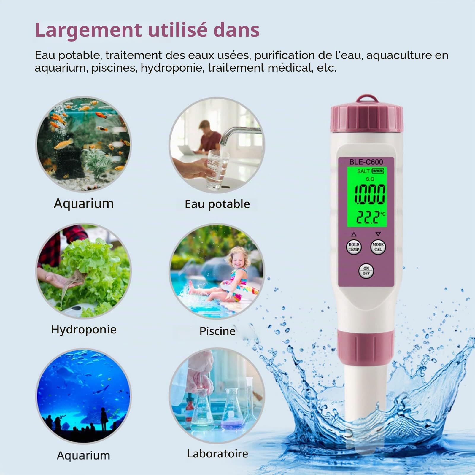 BLE C600 Compteur Numérique et Kit de Test de l'eau, Stylo de Test de la qualité de l'eau, Testeur de PH Bluetooth Intelligent avec ATC, PH TDS EC ORP SG Compteur de Température