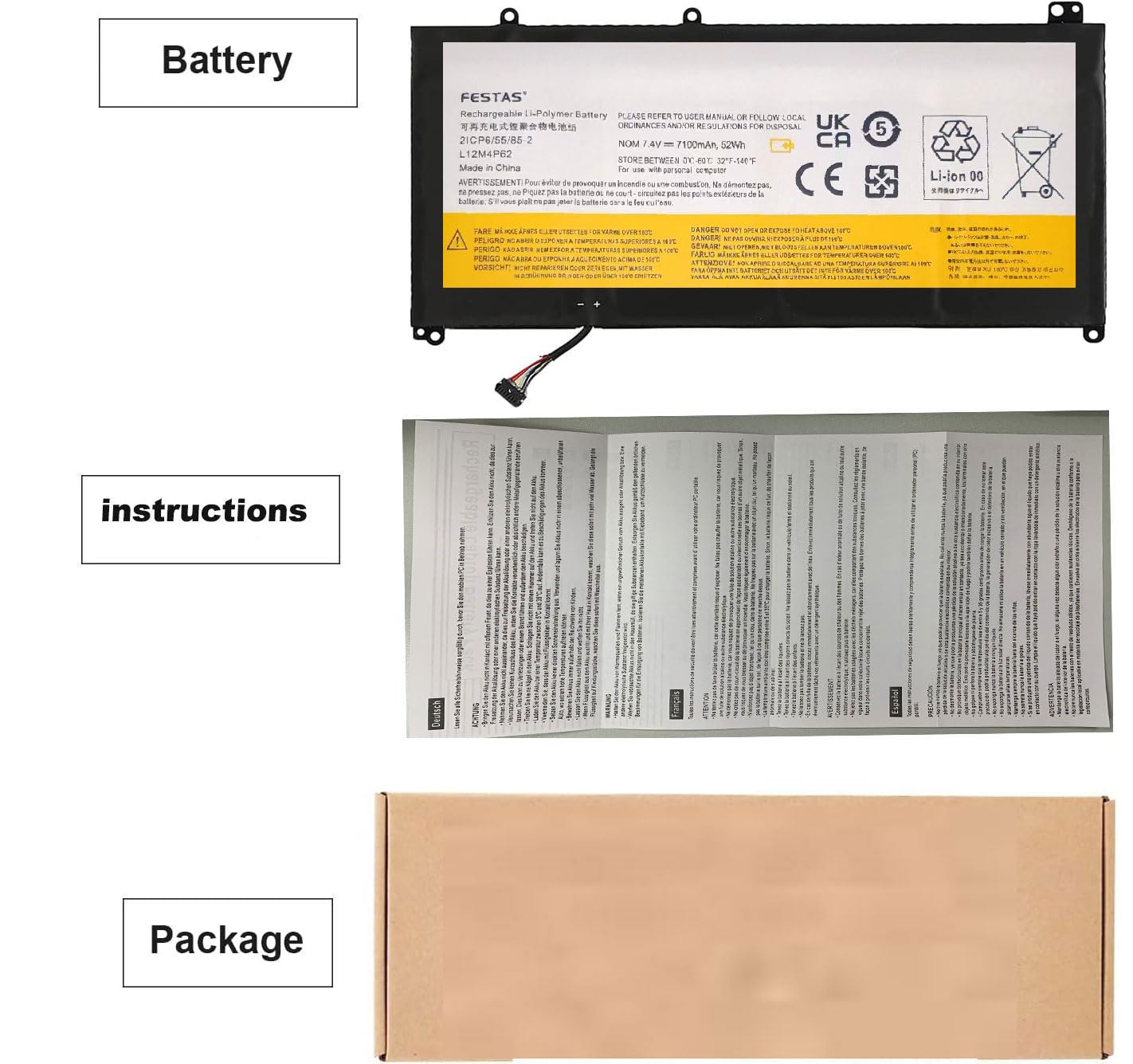 FESTAS 7,4 V, 7100 mAh, 52 Wh, langes Kabel L12L4P62 L12M4P62, Akku, kompatibel mit Lenovo Ideapad U430 U530 Touch Series L11L6P61 L11M3P62 2ICP6/55/85-2 3ICP8/60/60 Computer / Laptop