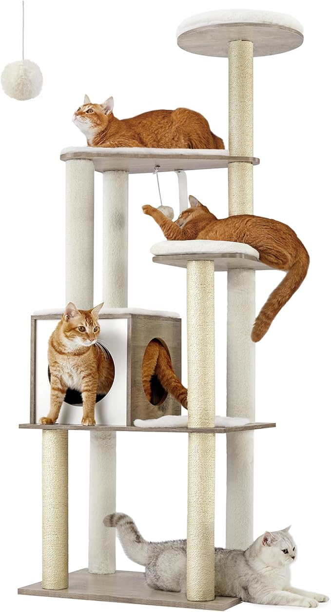 FEANDREA Cat Tree, Cat Tower, Widened Perch For Large Cats, Light Grey PCT51W 695636063347