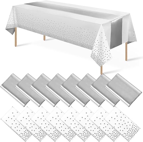 MASHAN Paquete de 16 manteles de plástico desechables y camino de mesa de satén mantel de lunares blancos y plateados camino de mesa de satén
