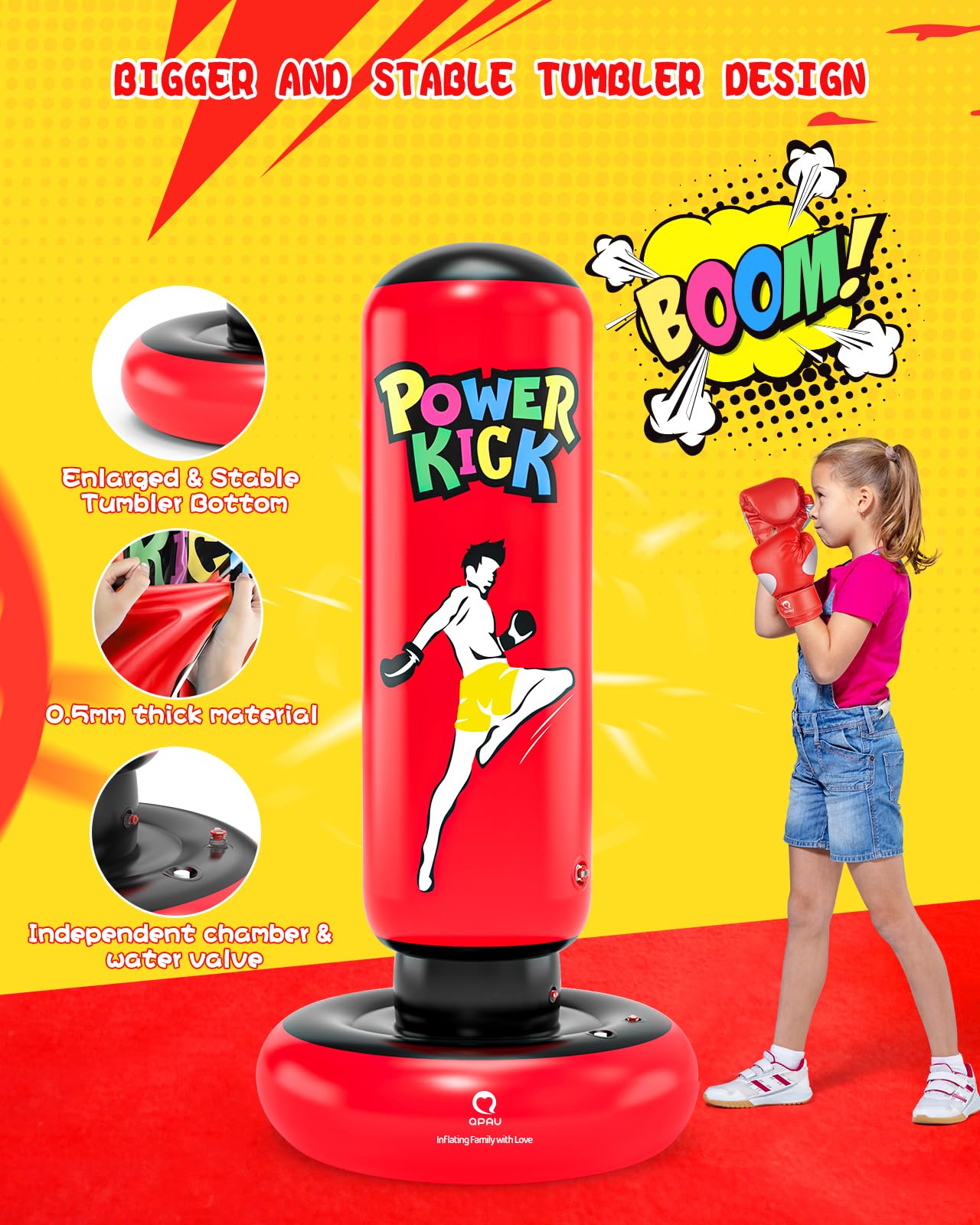 QPAU Boxsack für Kinder, hoher 168 cm, Geschenke für Jungen und Mädchen im Alter von 5–12 Jahren zum Üben von Karate, Taekwondo, MMA und zur Linderung von Pent-Up-Energie bei Kindern (Rot)