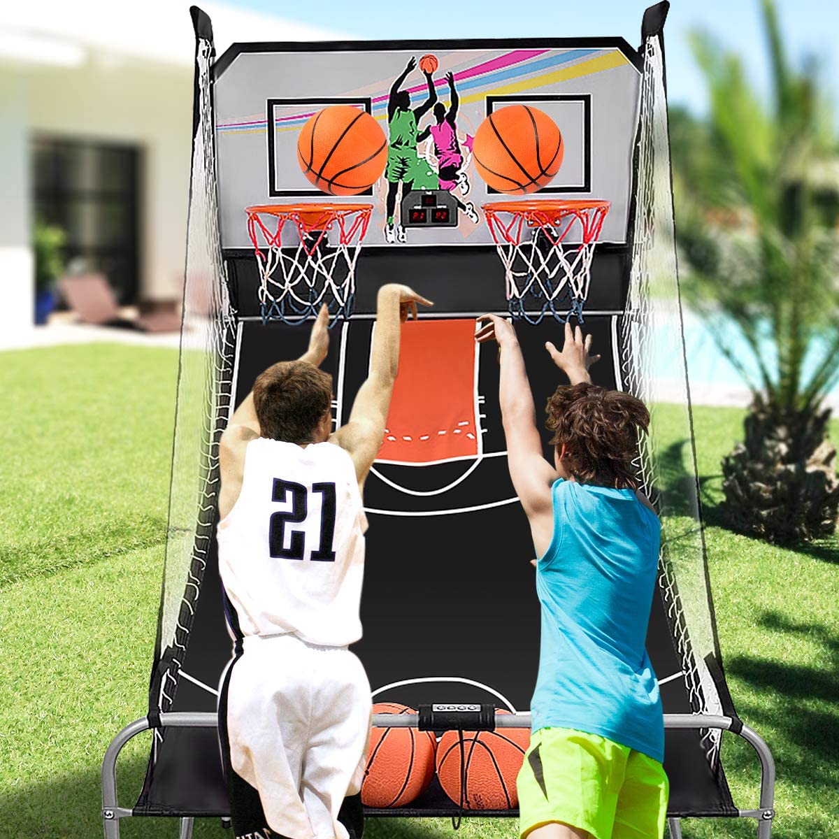 DREAMADE Basketballautomat elektronisch, Basketball Schießmaschine inkl.4 Basketbälle,Basketball Shoot Out mit Anzeigetafel & 8 Verschiedenen Spielmodi, Basketballspiel Arcade für Indoor Outdoor