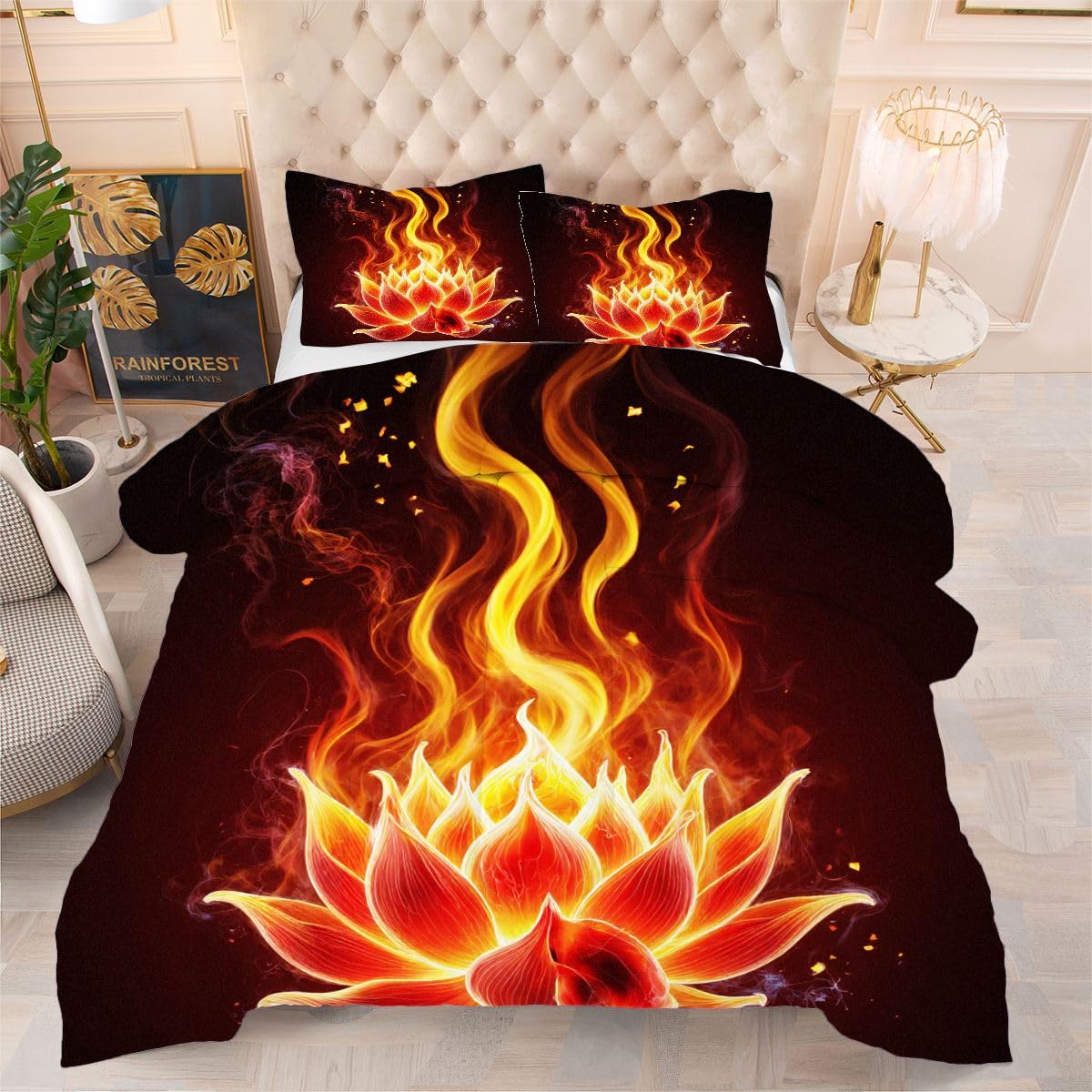 Couette 3D Lotus Enflammé 220x240 cm avec 2 taies d'oreiller pour lit Queen Size