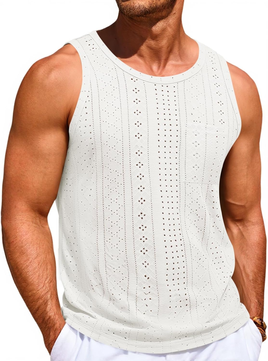 Runcati Mens Tank Tops Casual Sleeveless Hollow Out T-Shirts Muscle Summer Beach Hippie Shirts with Pocket