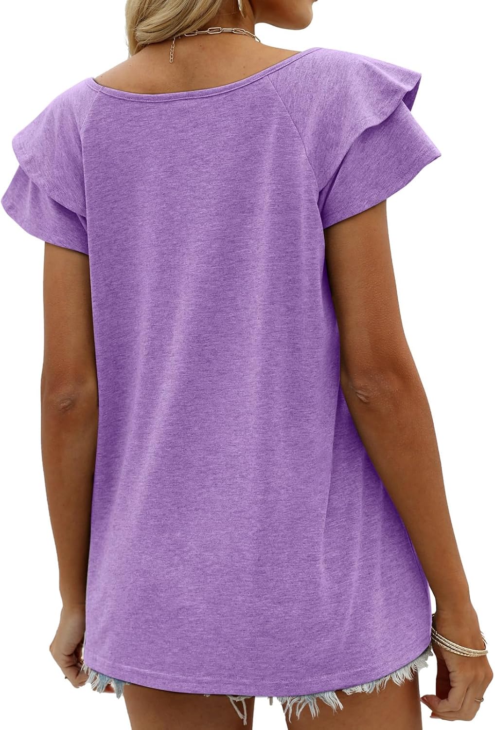 OFEEFAN Womens Summer Tops Ruffle Short Sleeve V Neck T-Shirts Casual Loose Fit - Image 5