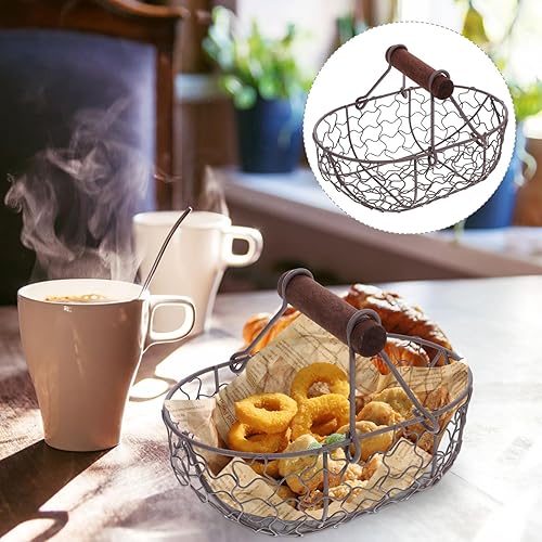 Vista 6 de 1 cesta creativa de alambre retro con asa, cesta de huevo de alambre con mango de madera, soporte de almacenamiento grande para huevos de pollo