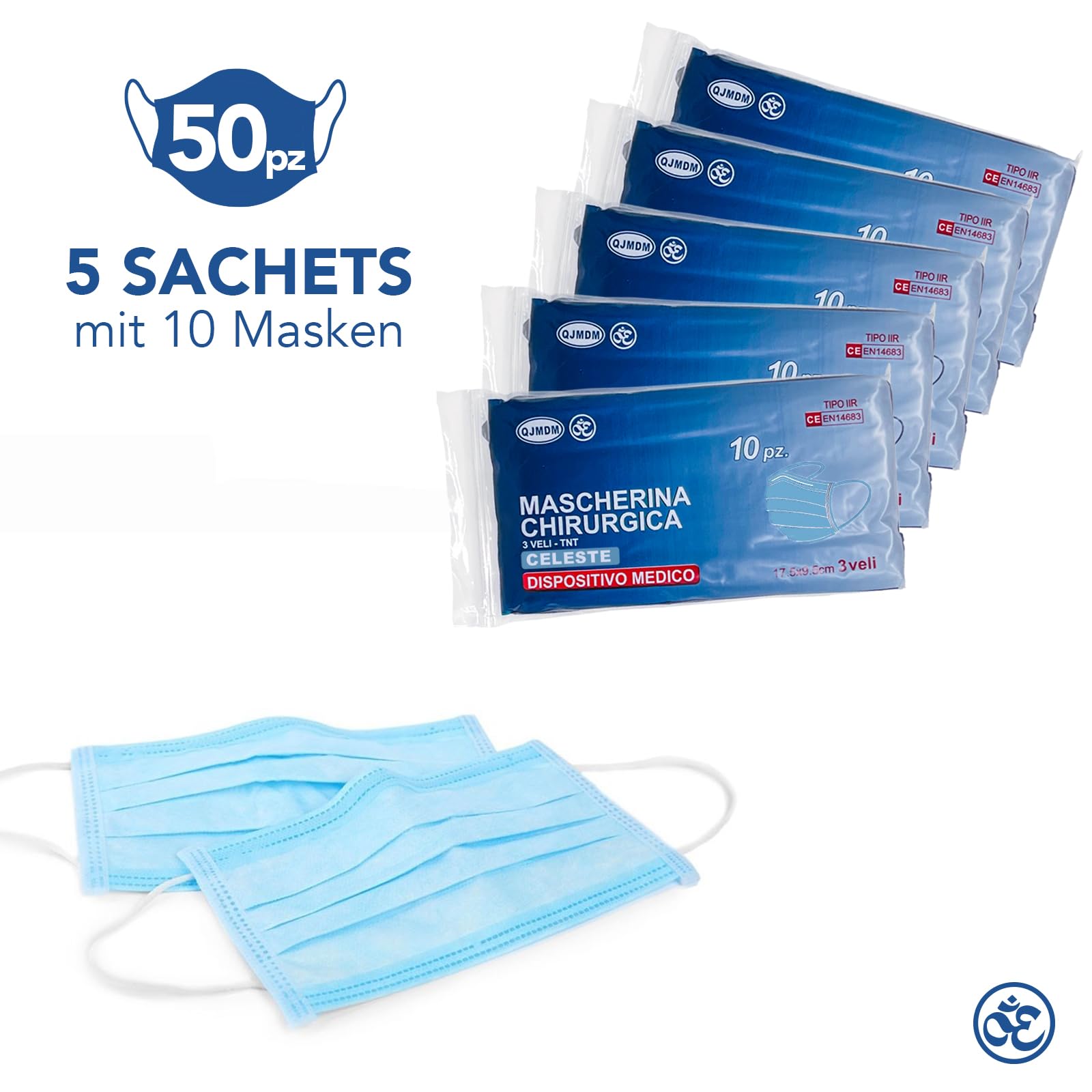 S&S-Medical 50 Stück Medizinische OP Masken Typ IIR EN14683 zertifiziert – 3-lagige chirurgische Einwegmasken, CE-zugelassenes Medizinprodukt, BFE ≥ 98%, atmungsaktive Mundschutzmasken