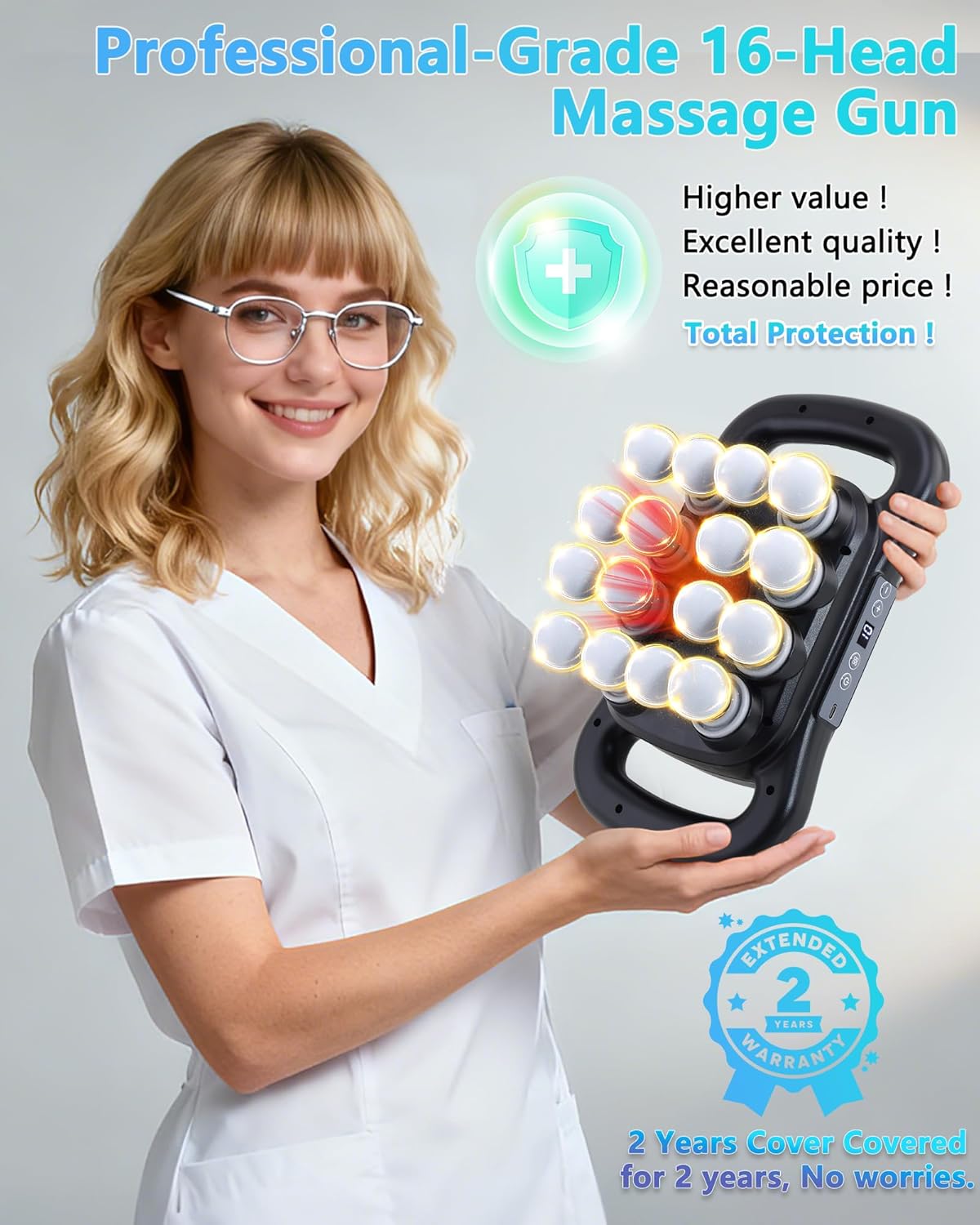 16-Head Massage Gun, Deep Tissue Percussion Massager with 9 Modes & 9 Intensities, 2600mAh Battery Back Bassager for Pain Relief Deep Tissue for Muscle Pain Relief in Back, Legs, Shoulders - Image 9