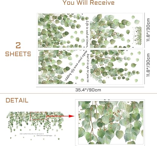 Miniatura 2 de Calcomanías de pared colgantes de vid verde para dormitorio, sala de estar, plantas verdes de eucalipto extraíbles, hojas, arte de pared, decoración