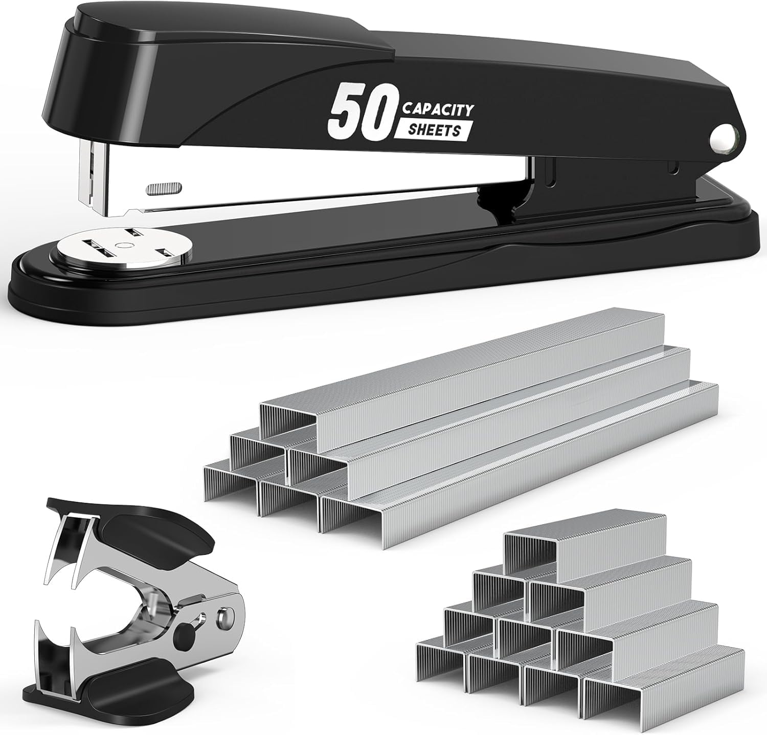 Metal Stapler Heavy Duty 50 Sheet Capacity with 1000 Staples and Staple Remover, Full Strip Staplers for Desk, No Jam, Non-slip Office Stapler with Staples for Office & Classroom, Black