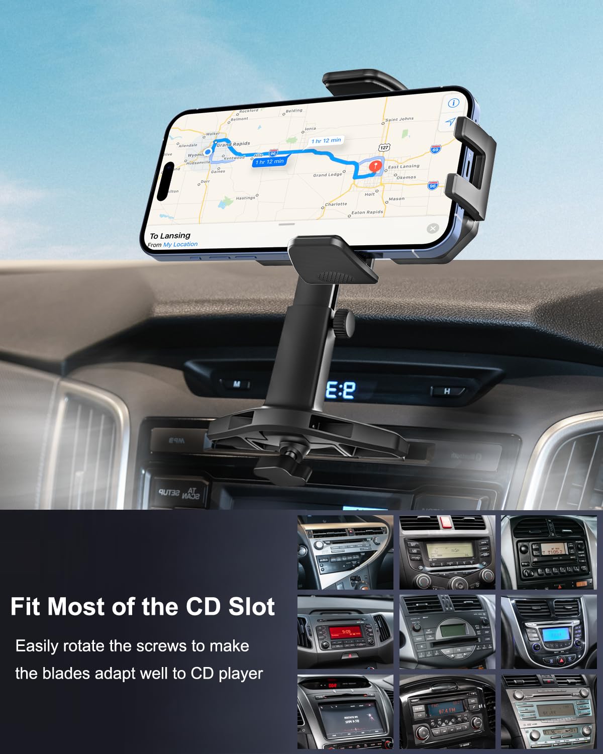 Supporto per telefono CD per auto, supporto per telefono regolabile per auto, slot CD per iPhone, ultra robusto, supporto per telefono cellulare per iPhone 15 Pro Max 14 13 12, Samsung Galaxy